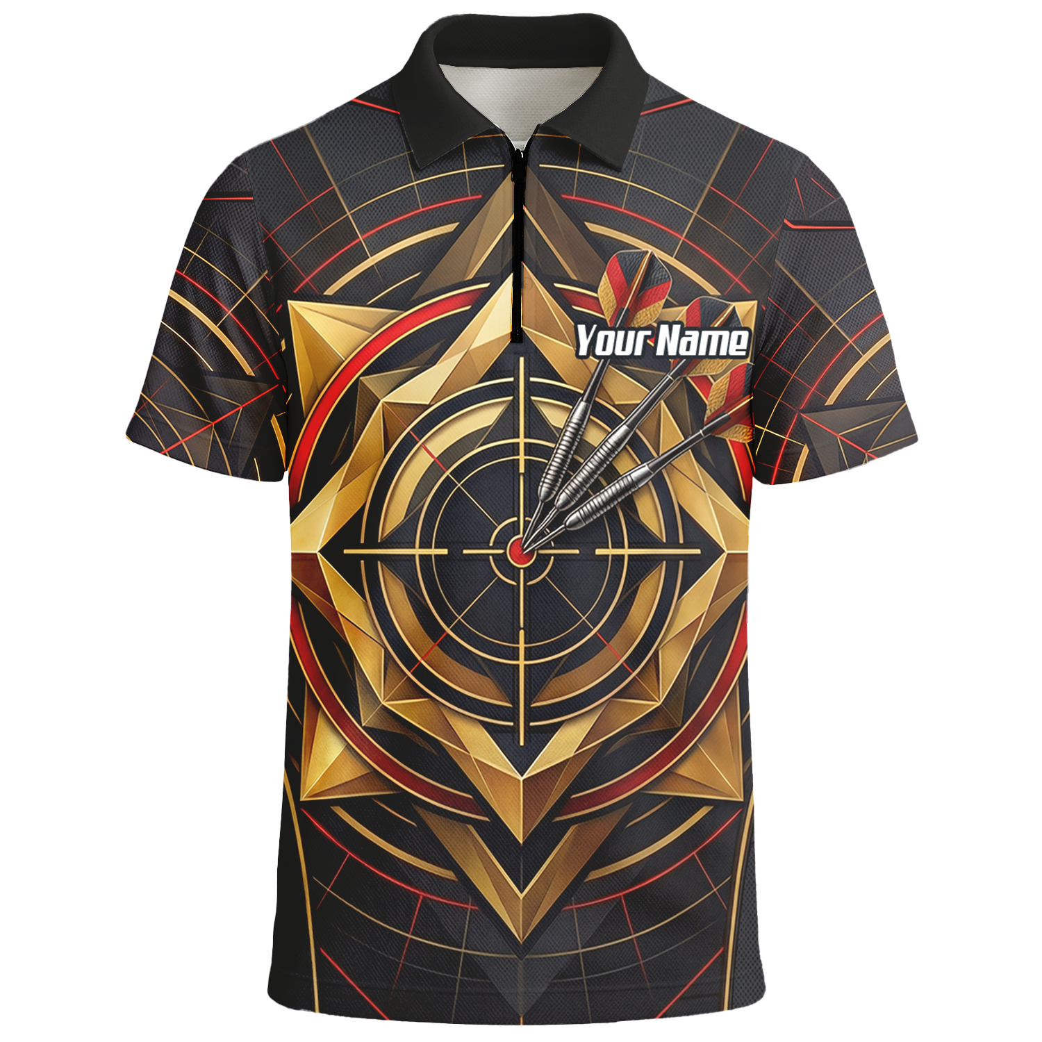 Personalised Darts Jersey for Men Custom Dart Shirt Black Gold Geometric Target Design Polo Shirt J2245