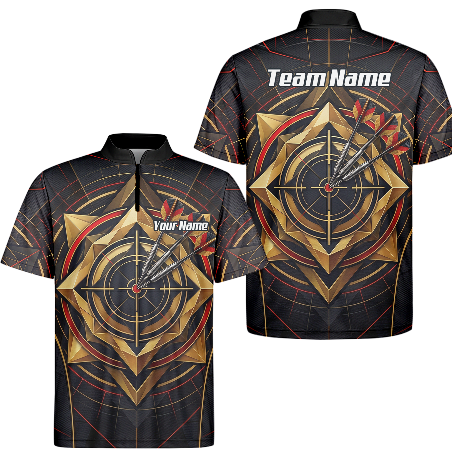 Personalised Darts Jersey for Men Custom Dart Shirt Black Gold Geometric Target Design Polo Shirt J2245