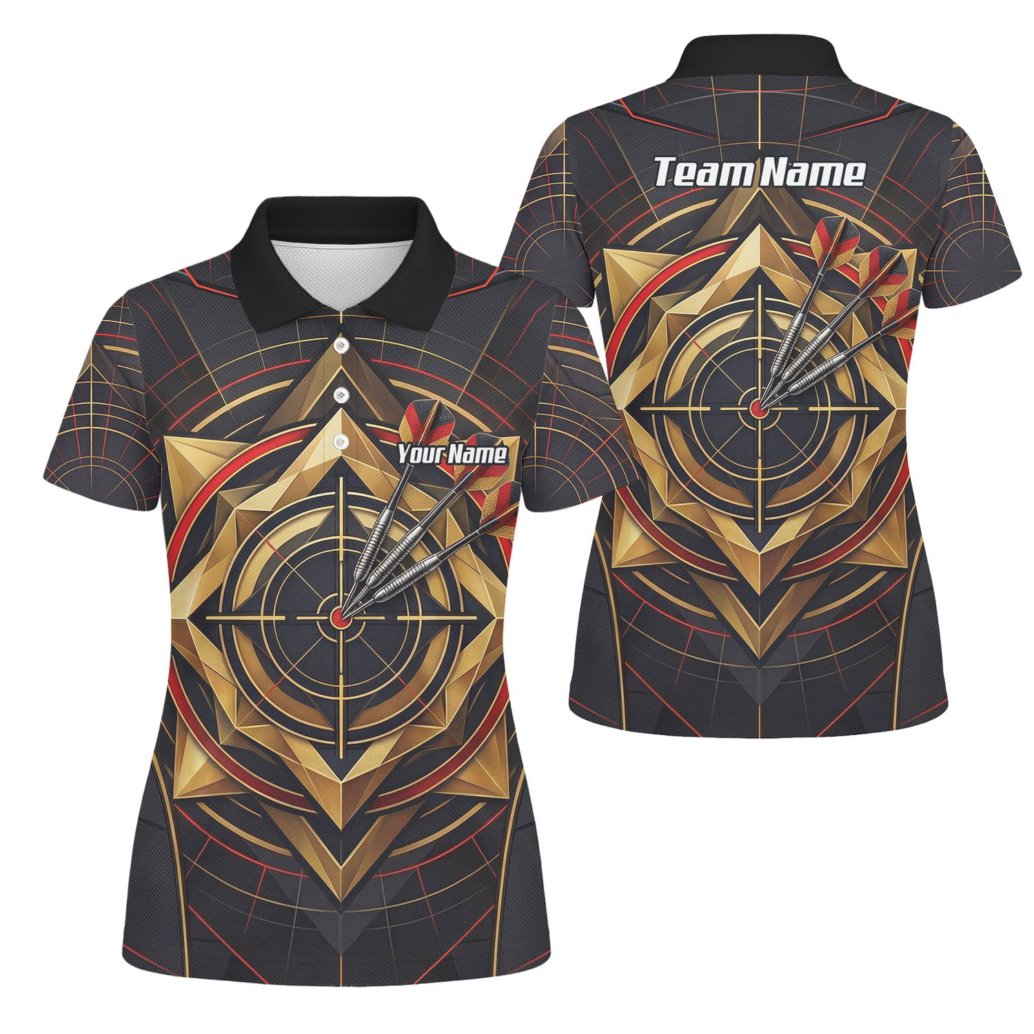 Personalised Darts Jersey for Women Custom Dart Shirt Black Gold Geometric Target Design Polo Shirt J2245