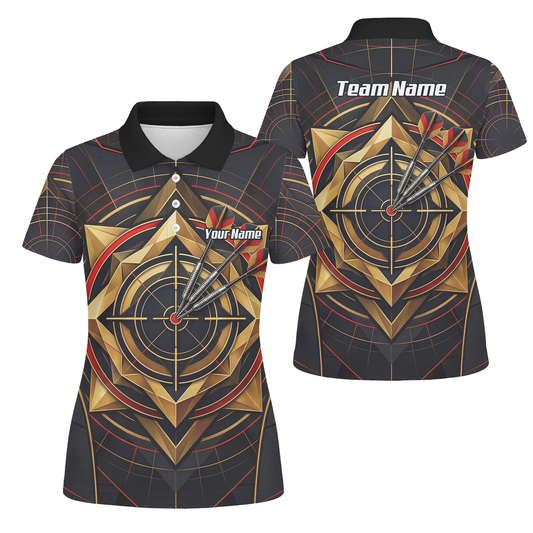 Personalised Darts Jersey for Women Custom Dart Shirt Black Gold Geometric Target Design Polo Shirt J2245