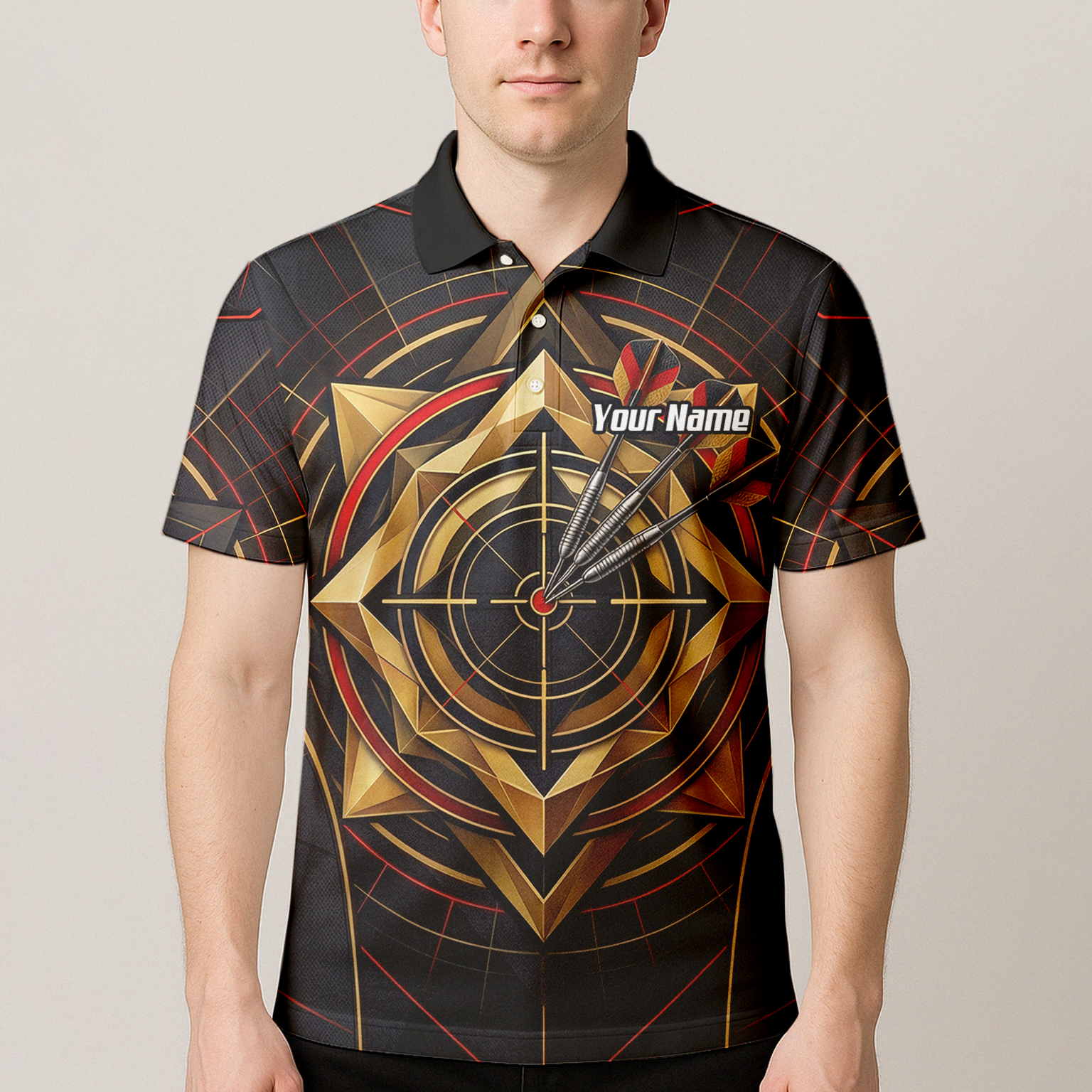 Personalised Darts Jersey for Men Custom Dart Shirt Black Gold Geometric Target Design Polo Shirt J2245