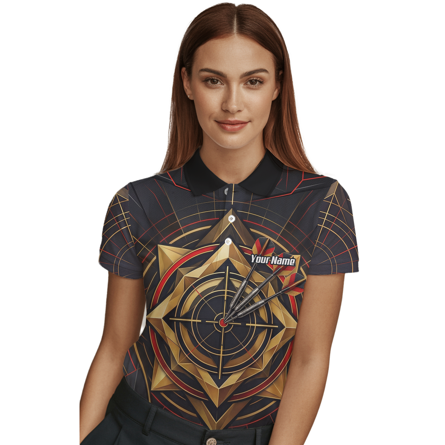 Personalised Darts Jersey for Women Custom Dart Shirt Black Gold Geometric Target Design Polo Shirt J2245