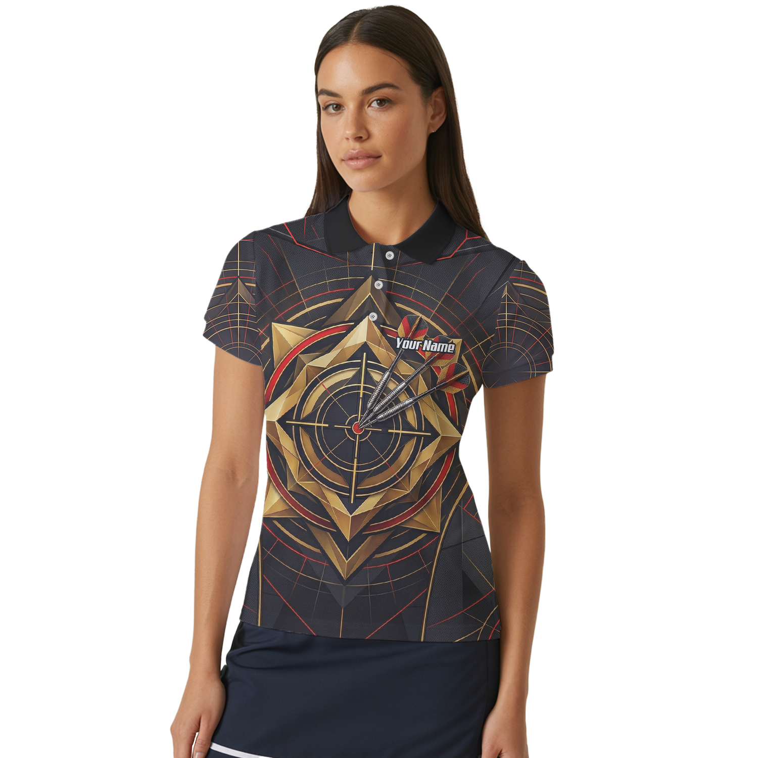 Personalised Darts Jersey for Women Custom Dart Shirt Black Gold Geometric Target Design Polo Shirt J2245