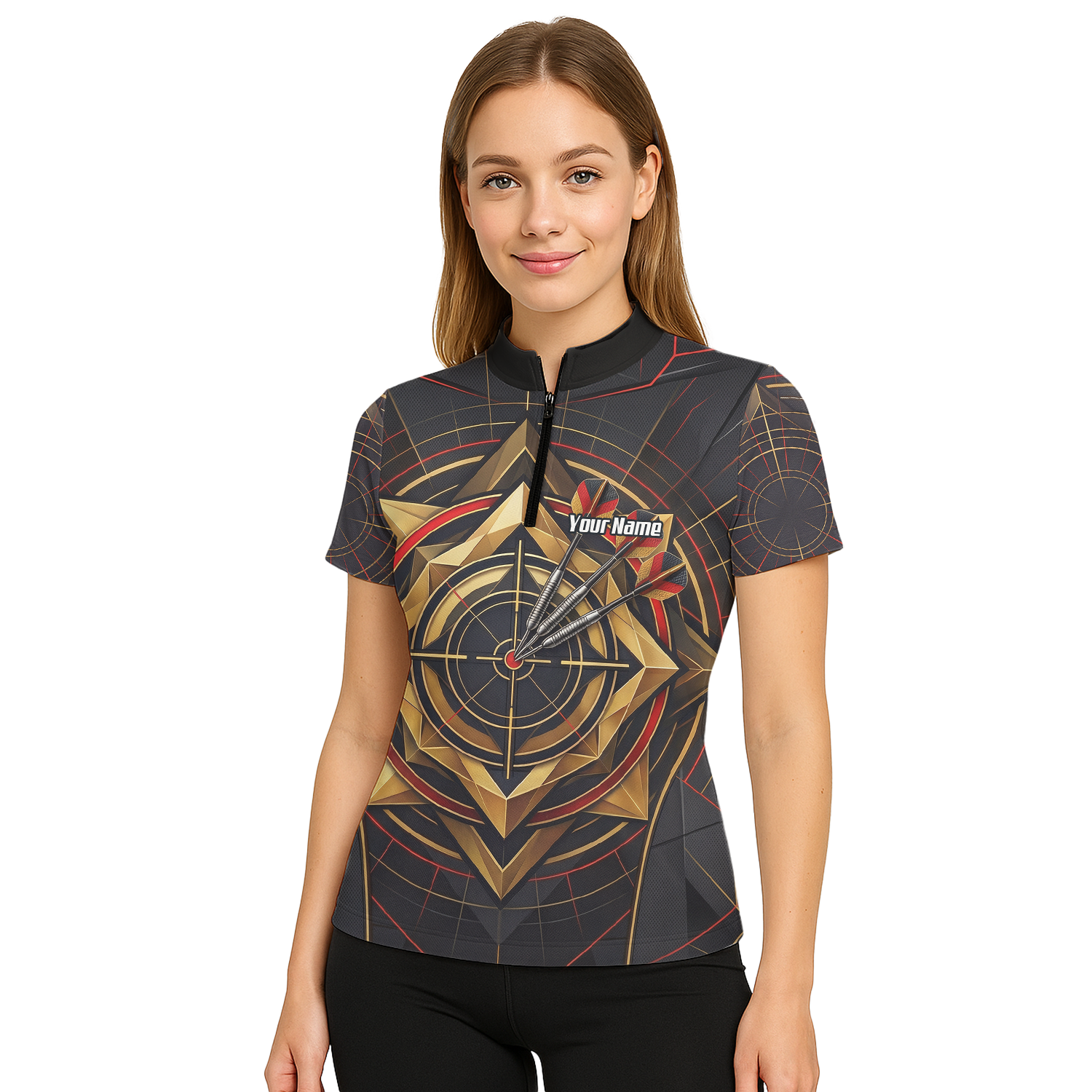 Personalised Darts Jersey for Women Custom Dart Shirt Black Gold Geometric Target Design Polo Shirt J2245