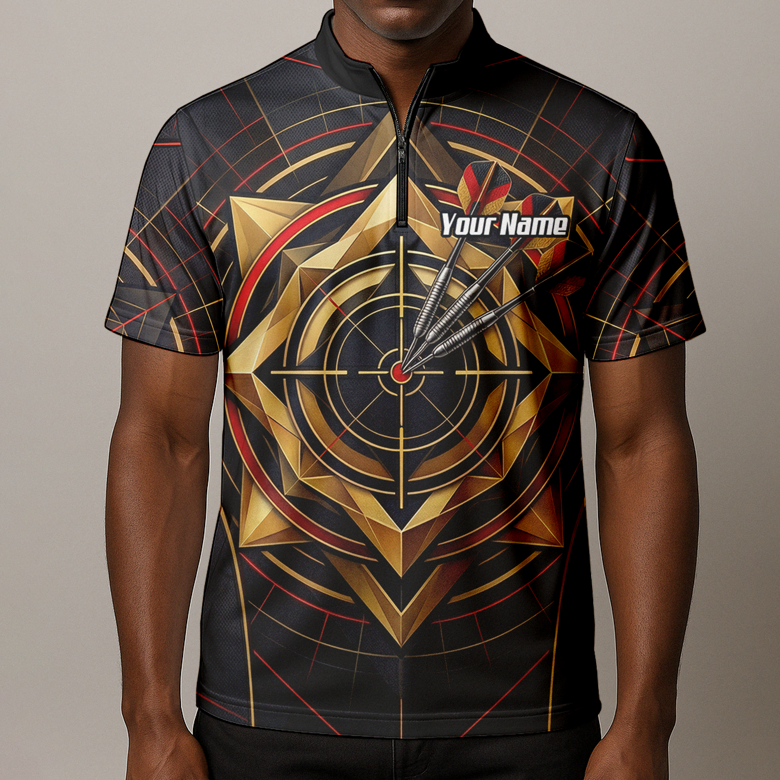 Personalised Darts Jersey for Men Custom Dart Shirt Black Gold Geometric Target Design Polo Shirt J2245