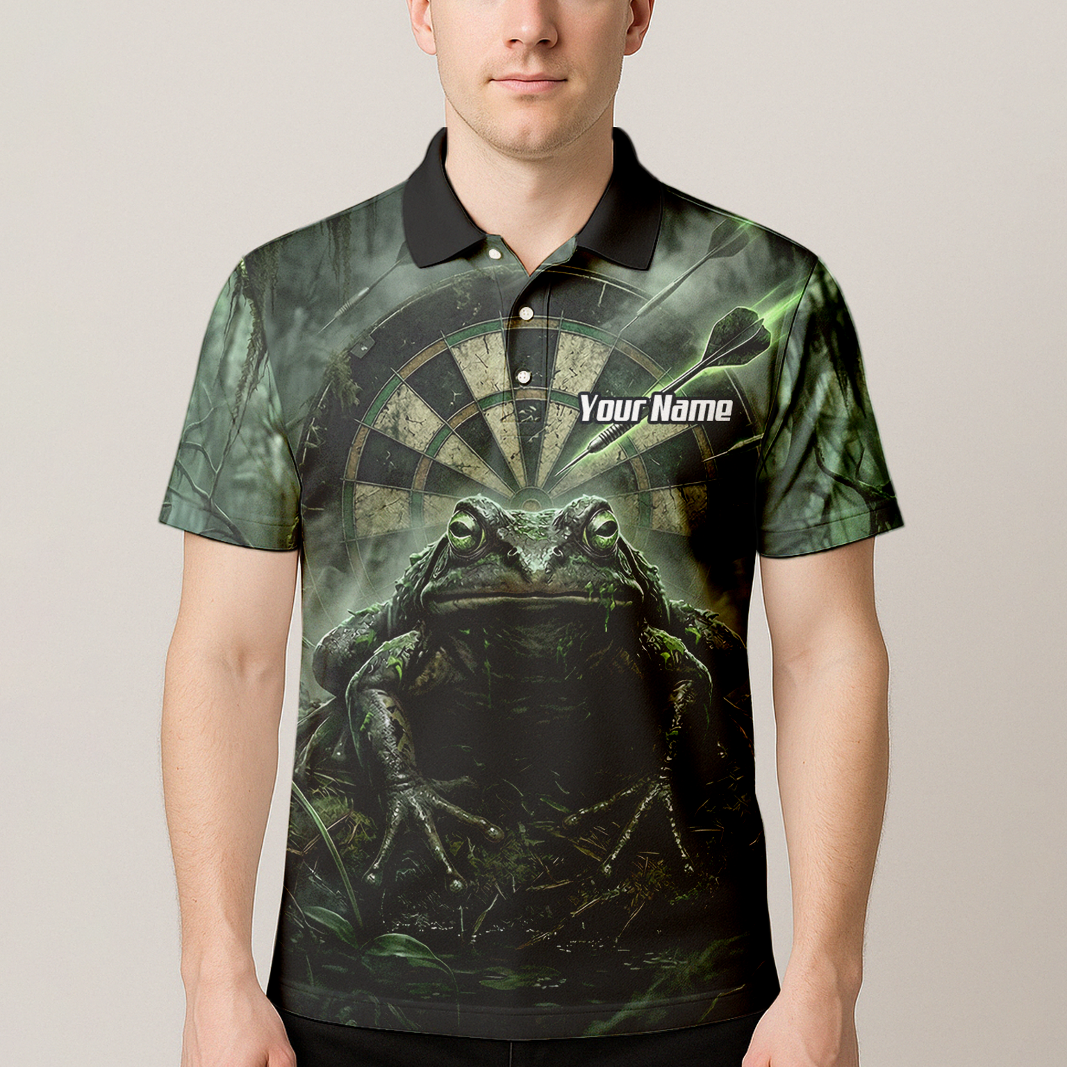 Personalised Giant Toad Dart Jersey for Men Green Jungle Custom Name Dartboard Polo Shirt J6550