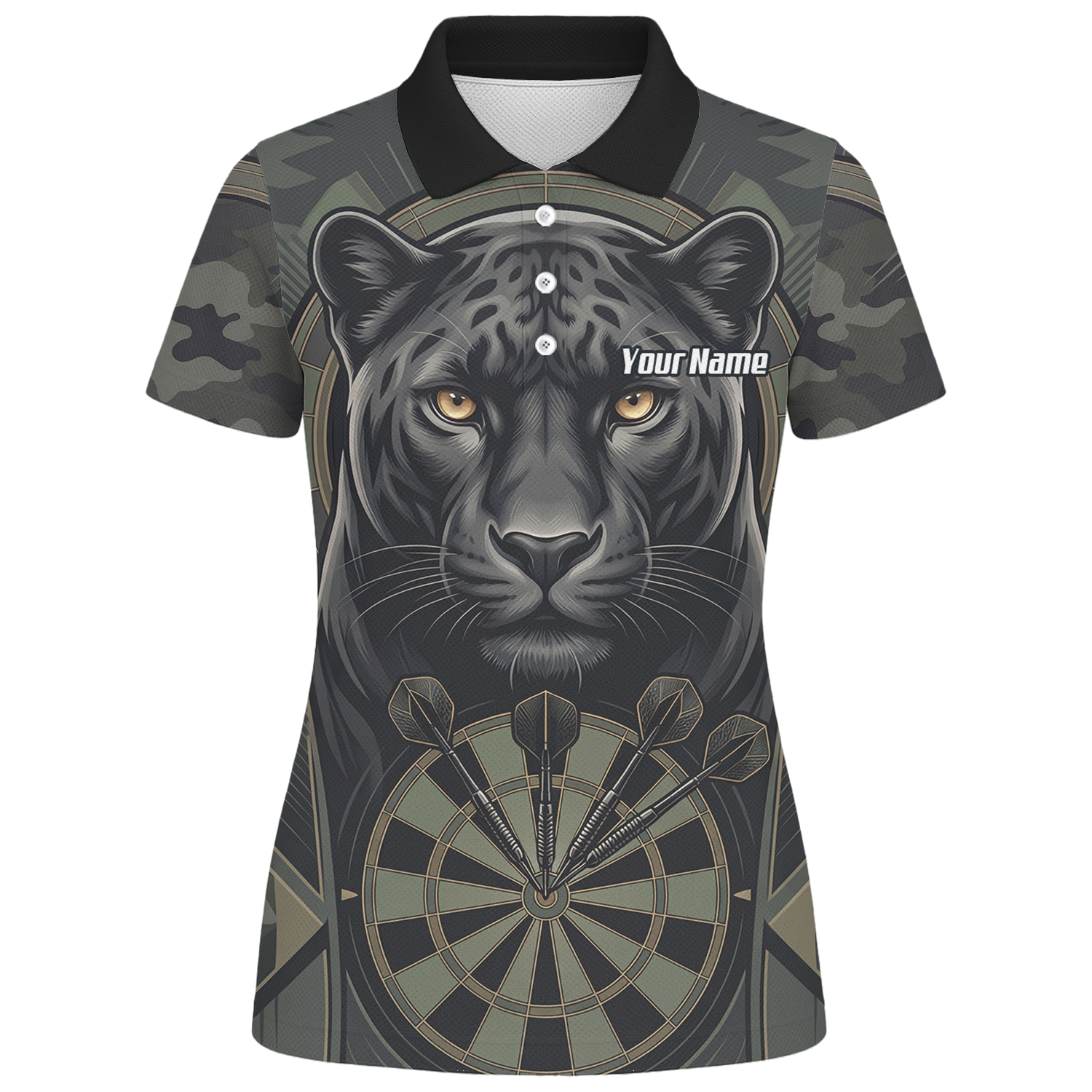 Personalised Black Panther Darts Jersey for Women Custom Darts Polo Shirt Grey Green Leopard Print J7347