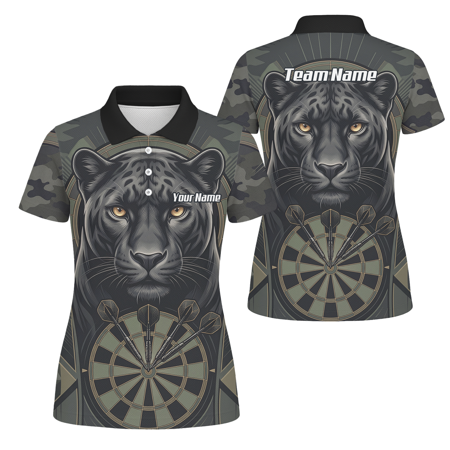 Personalised Black Panther Darts Jersey for Women Custom Darts Polo Shirt Grey Green Leopard Print J7347