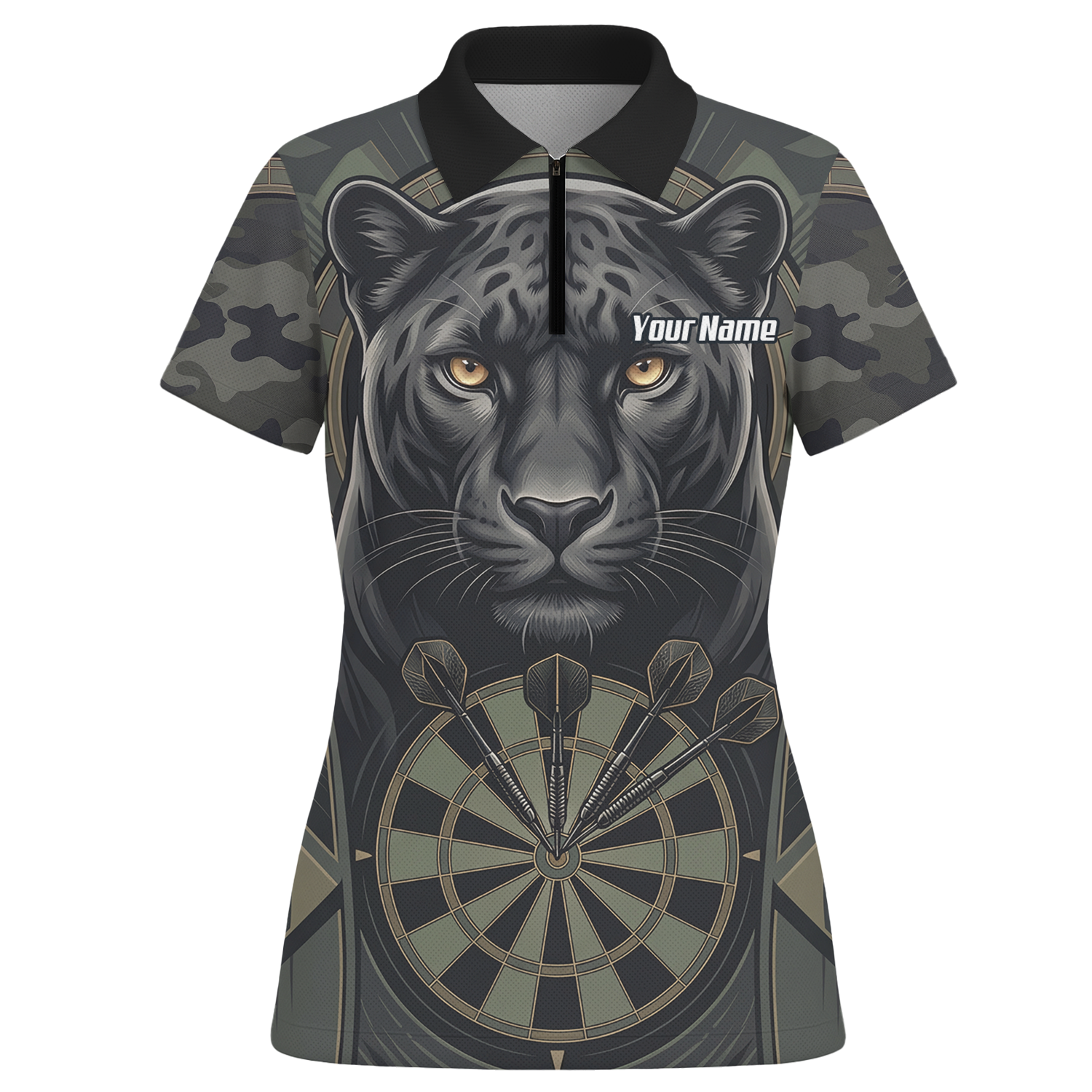 Personalised Black Panther Darts Jersey for Women Custom Darts Polo Shirt Grey Green Leopard Print J7347