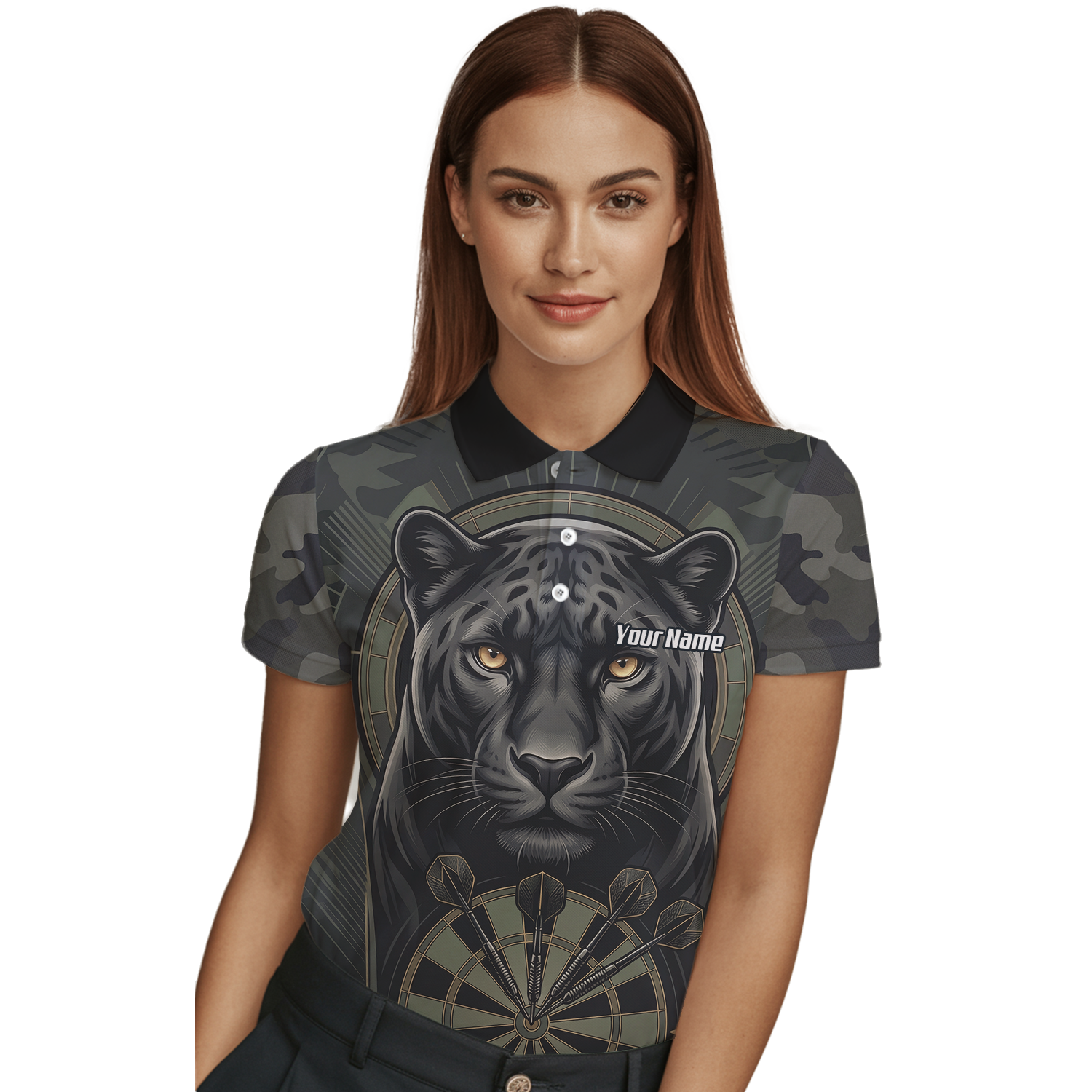 Personalised Black Panther Darts Jersey for Women Custom Darts Polo Shirt Grey Green Leopard Print J7347