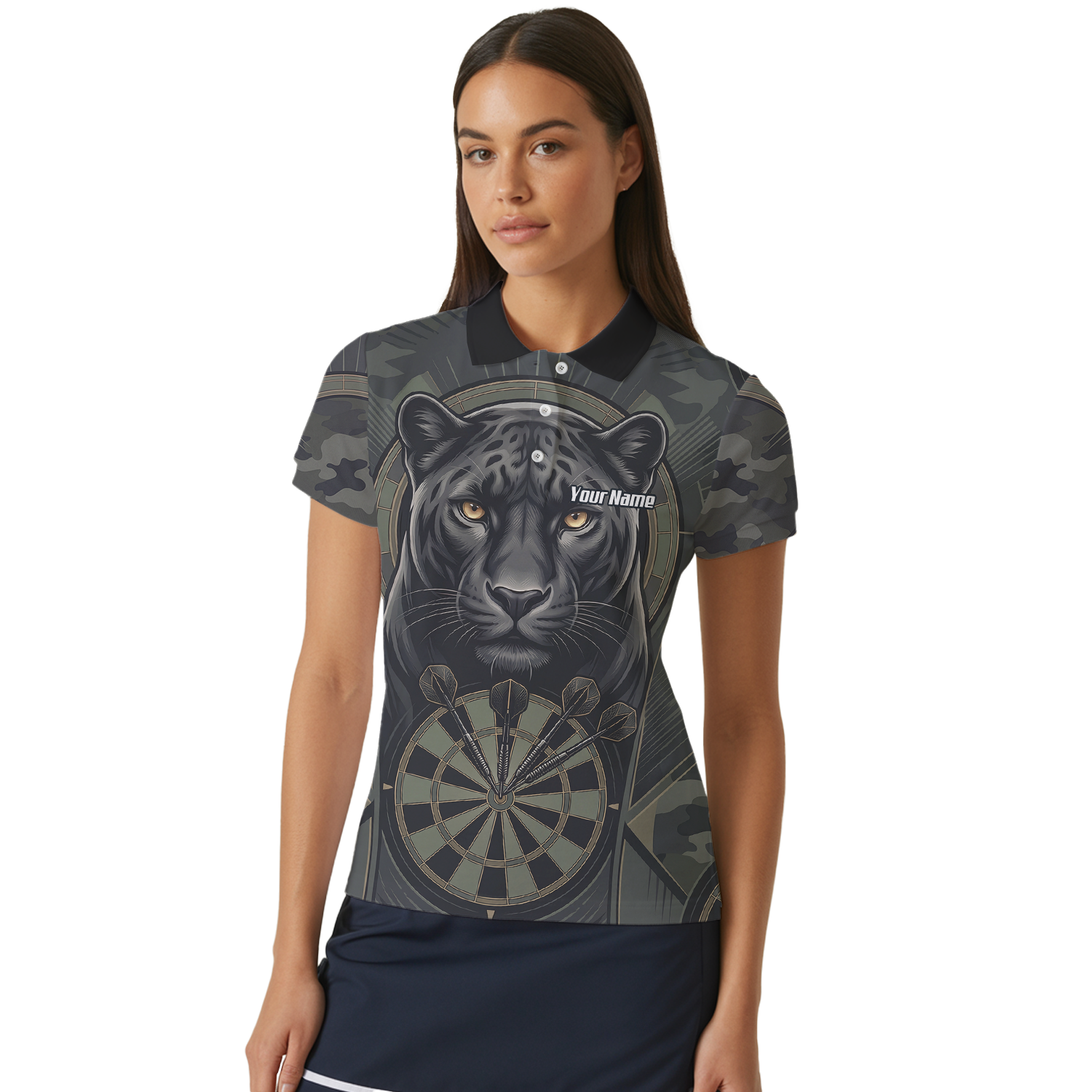 Personalised Black Panther Darts Jersey for Women Custom Darts Polo Shirt Grey Green Leopard Print J7347