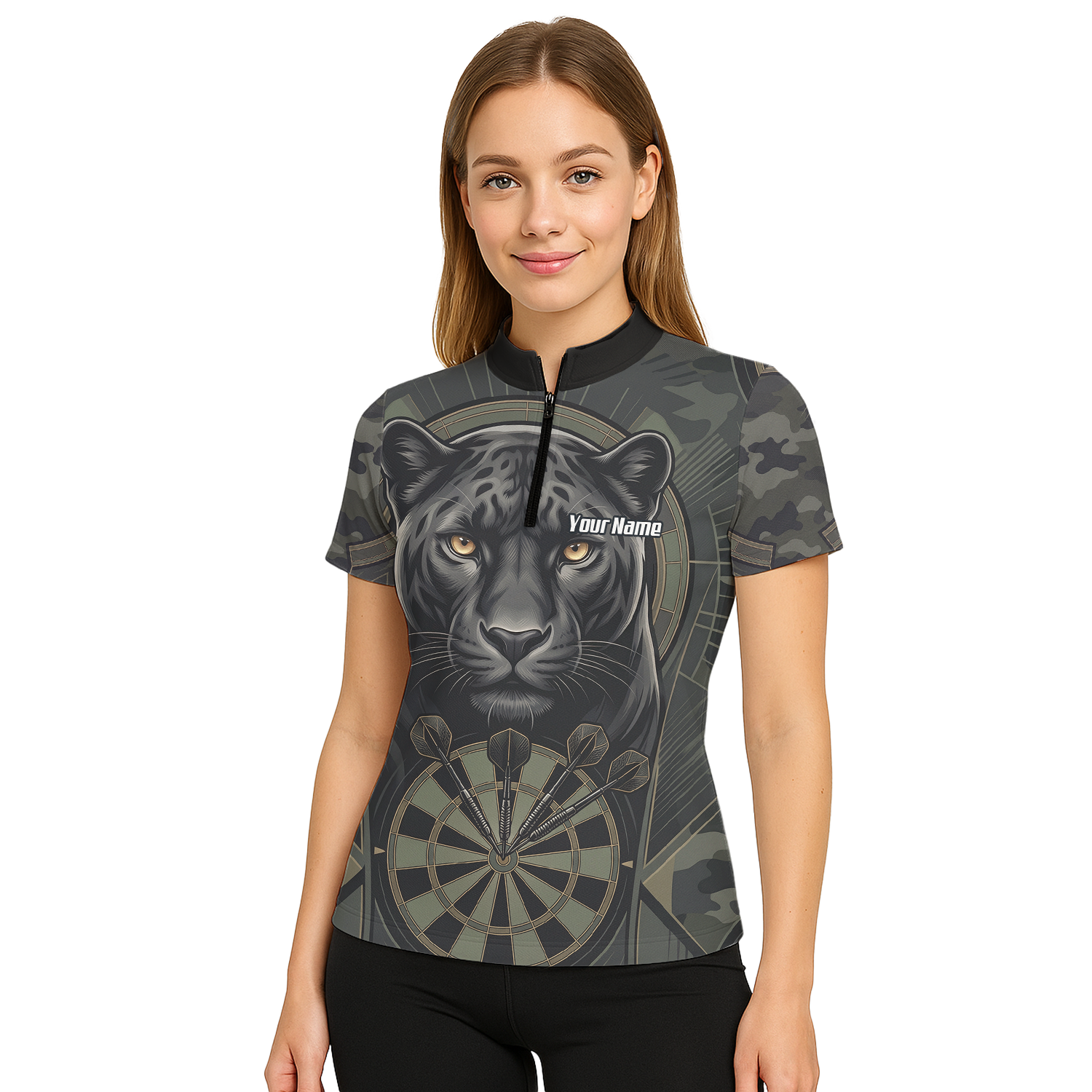 Personalised Black Panther Darts Jersey for Women Custom Darts Polo Shirt Grey Green Leopard Print J7347