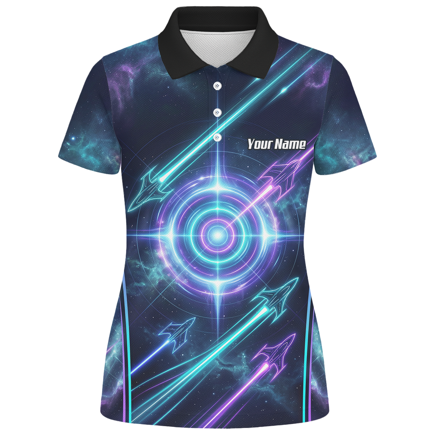 Personalised Women's Dart Jersey Custom Name Galaxy Space Neon Target Polo Shirt Purple Teal J7924