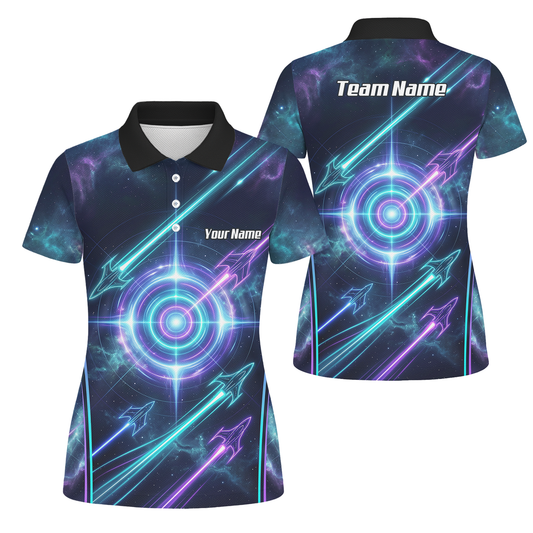 Personalised Women's Dart Jersey Custom Name Galaxy Space Neon Target Polo Shirt Purple Teal J7924