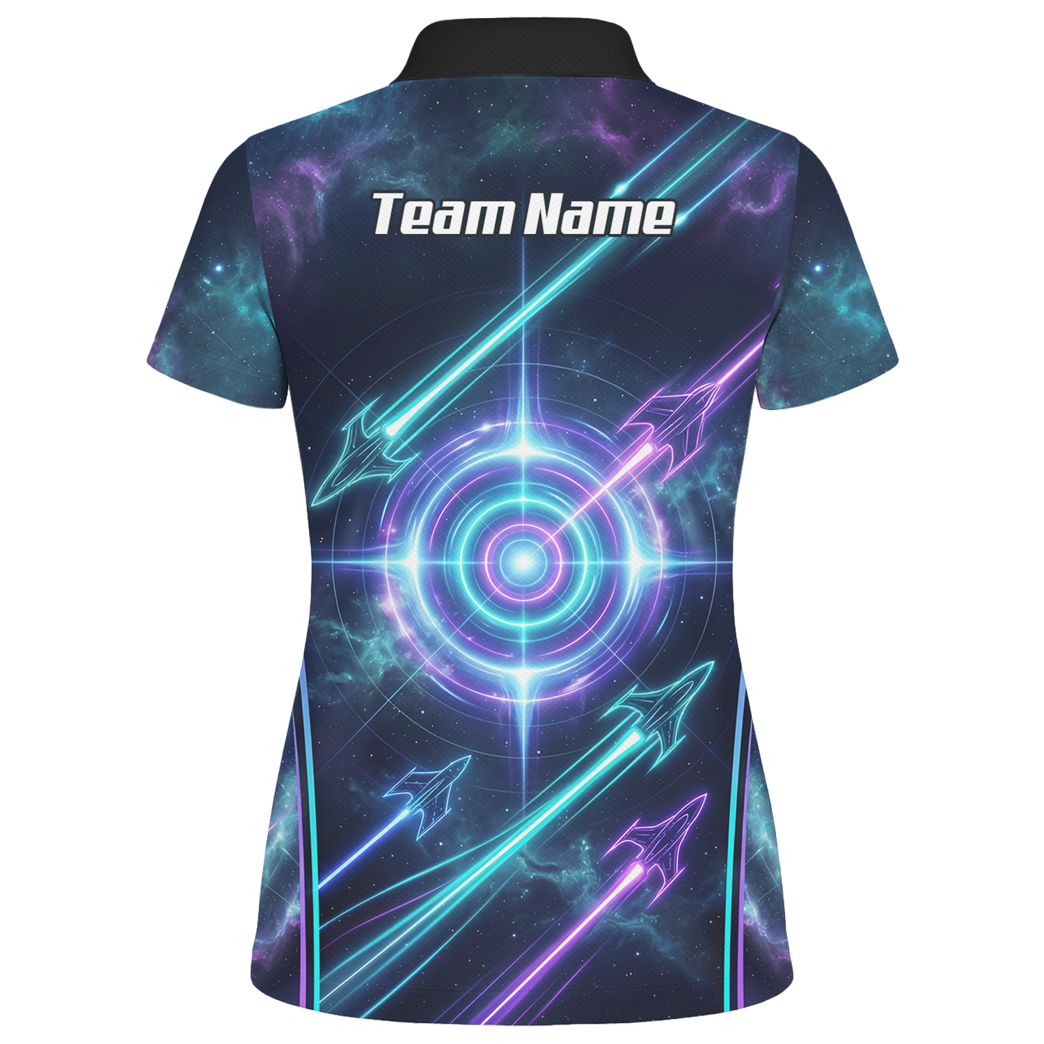 Personalised Women's Dart Jersey Custom Name Galaxy Space Neon Target Polo Shirt Purple Teal J7924