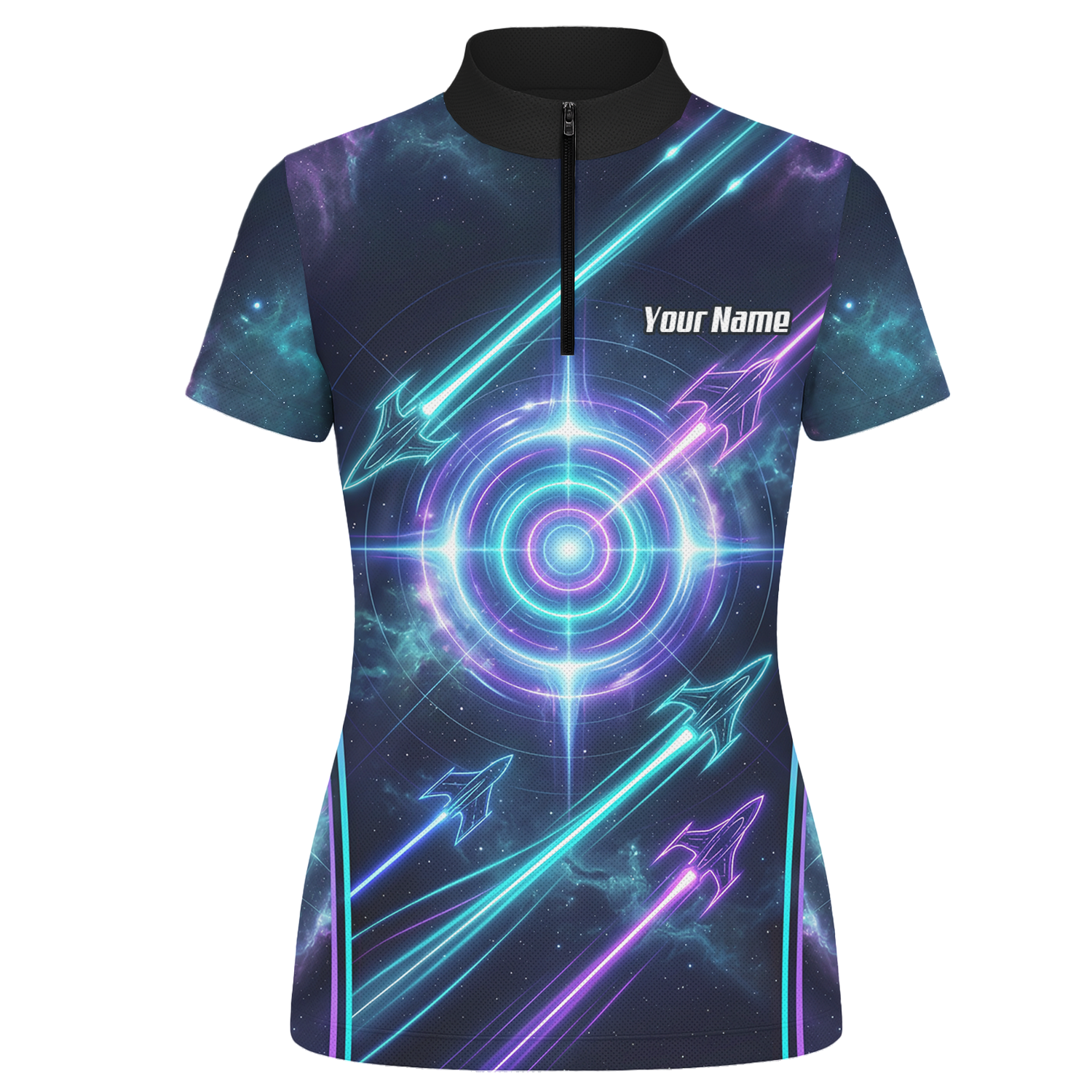 Personalised Women's Dart Jersey Custom Name Galaxy Space Neon Target Polo Shirt Purple Teal J7924