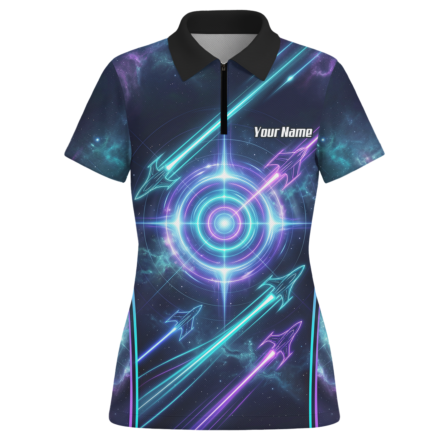 Personalised Women's Dart Jersey Custom Name Galaxy Space Neon Target Polo Shirt Purple Teal J7924