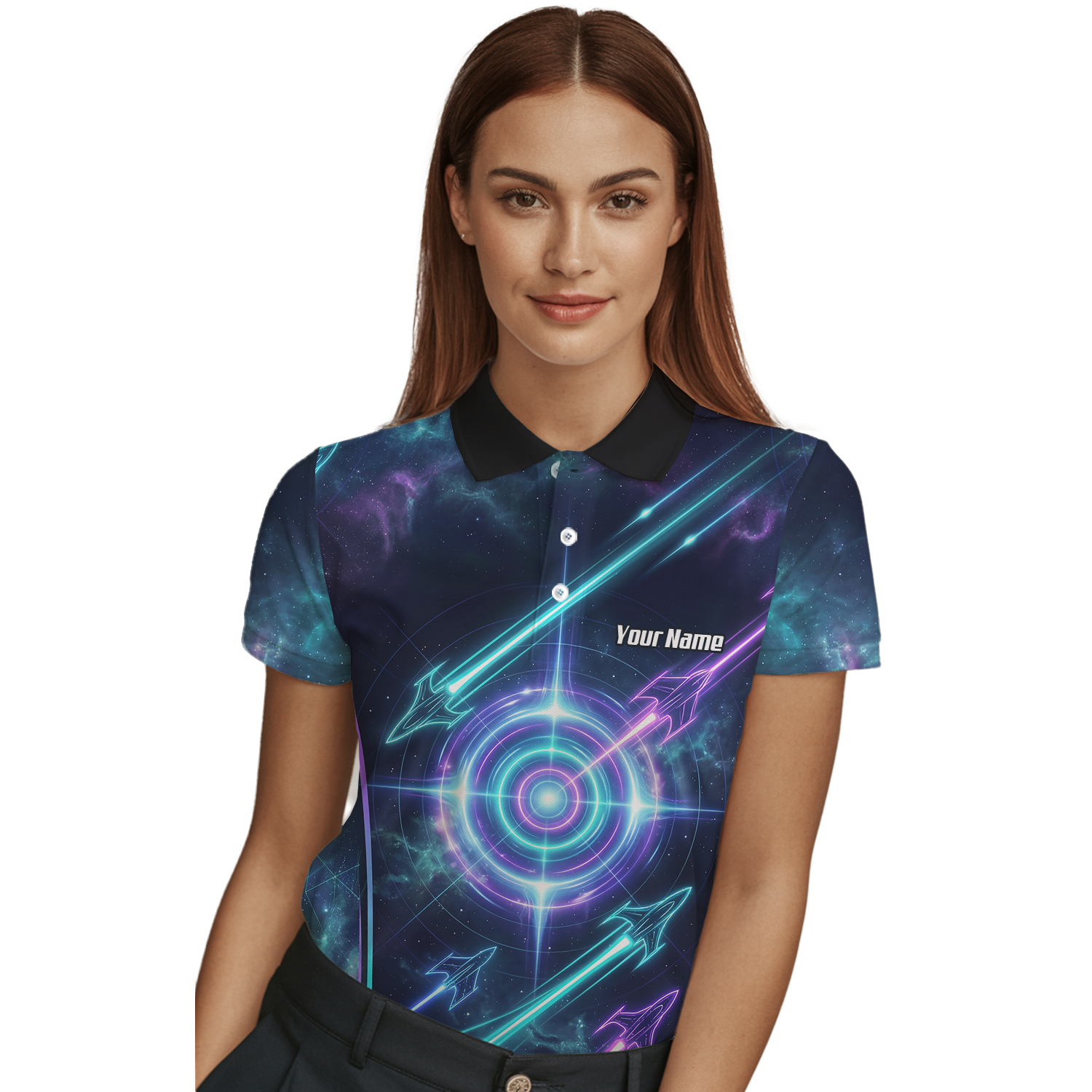 Personalised Women's Dart Jersey Custom Name Galaxy Space Neon Target Polo Shirt Purple Teal J7924