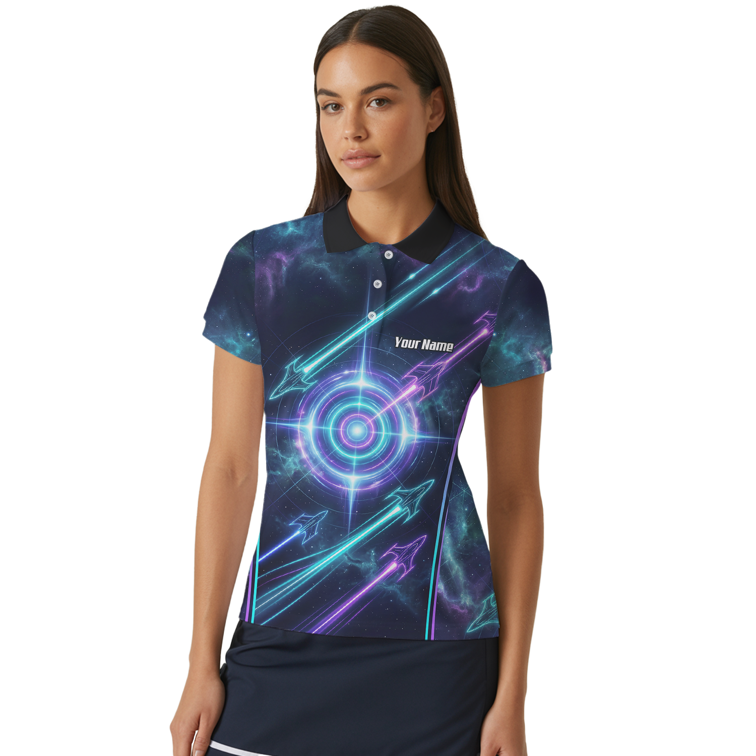 Personalised Women's Dart Jersey Custom Name Galaxy Space Neon Target Polo Shirt Purple Teal J7924