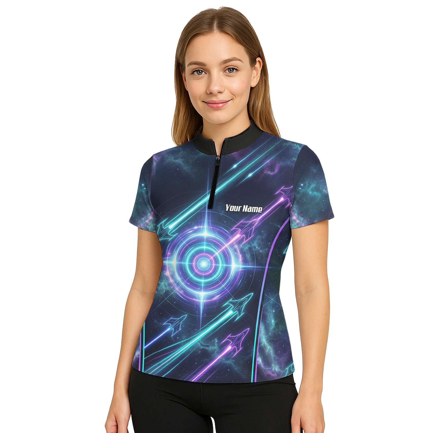 Personalised Women's Dart Jersey Custom Name Galaxy Space Neon Target Polo Shirt Purple Teal J7924