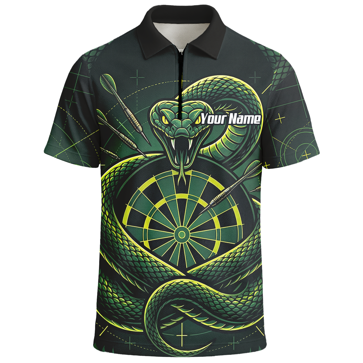 Personalised Green Snake Dart Jersey for Men Custom Dartboard Polo Shirt Black Green J9840