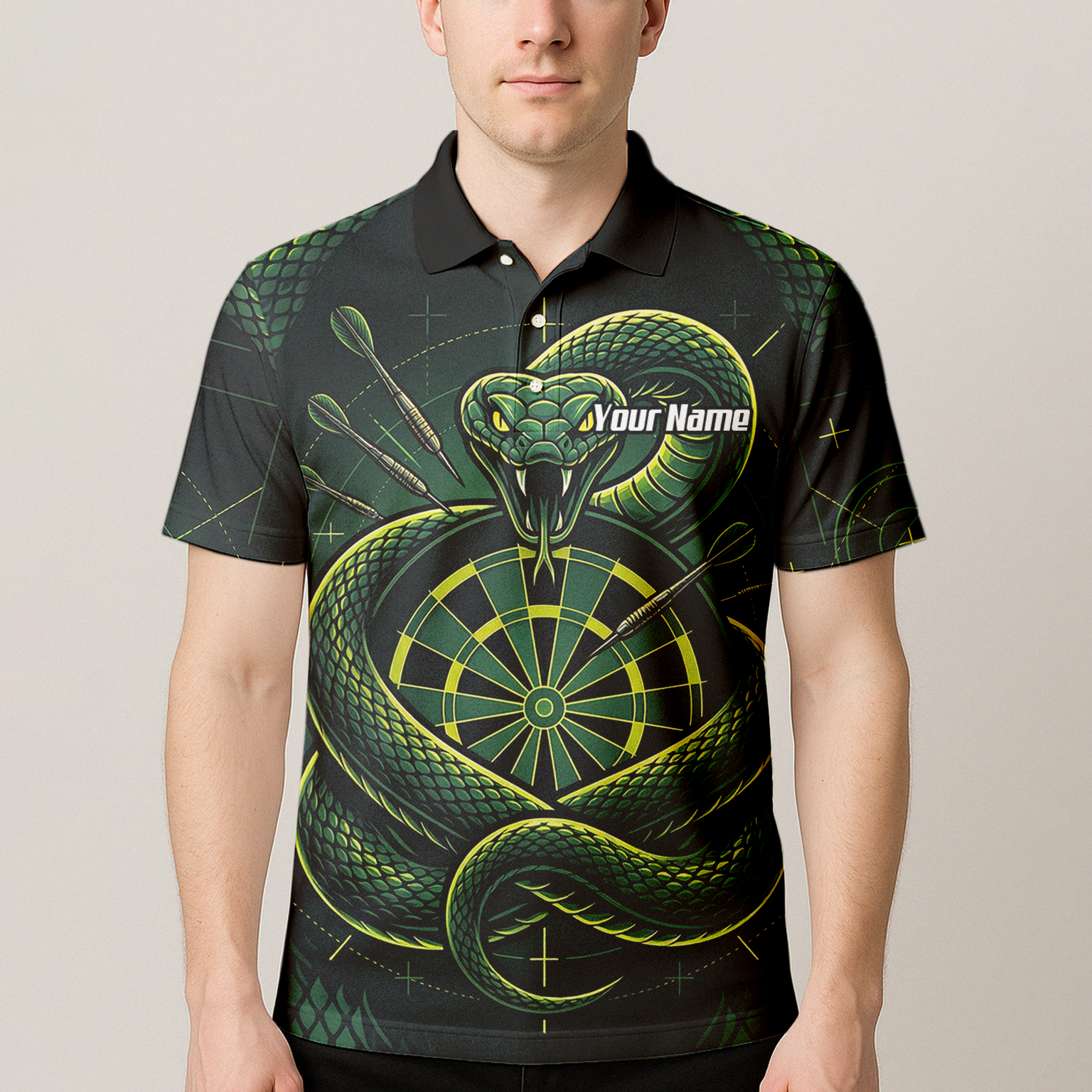 Personalised Green Snake Dart Jersey for Men Custom Dartboard Polo Shirt Black Green J9840