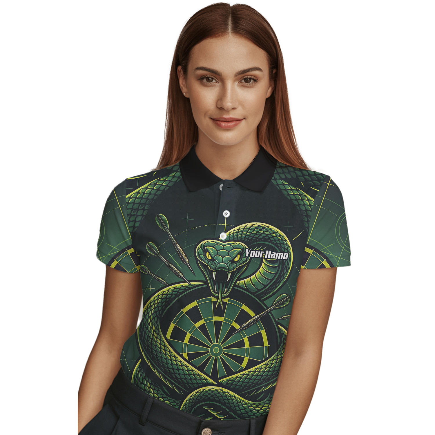 Personalised Green Snake Dart Jersey for Women Custom Dartboard Polo Shirt Black Green J9840