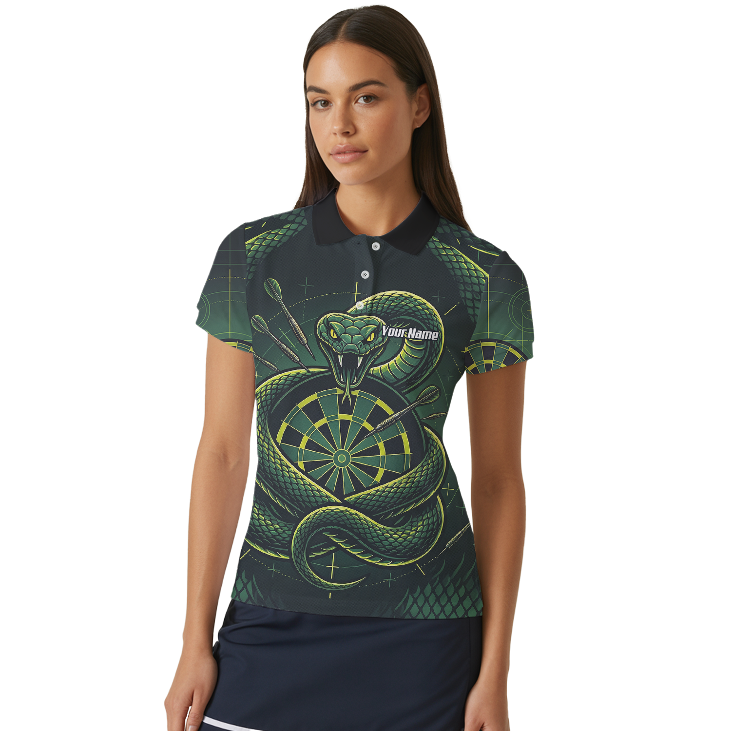 Personalised Green Snake Dart Jersey for Women Custom Dartboard Polo Shirt Black Green J9840