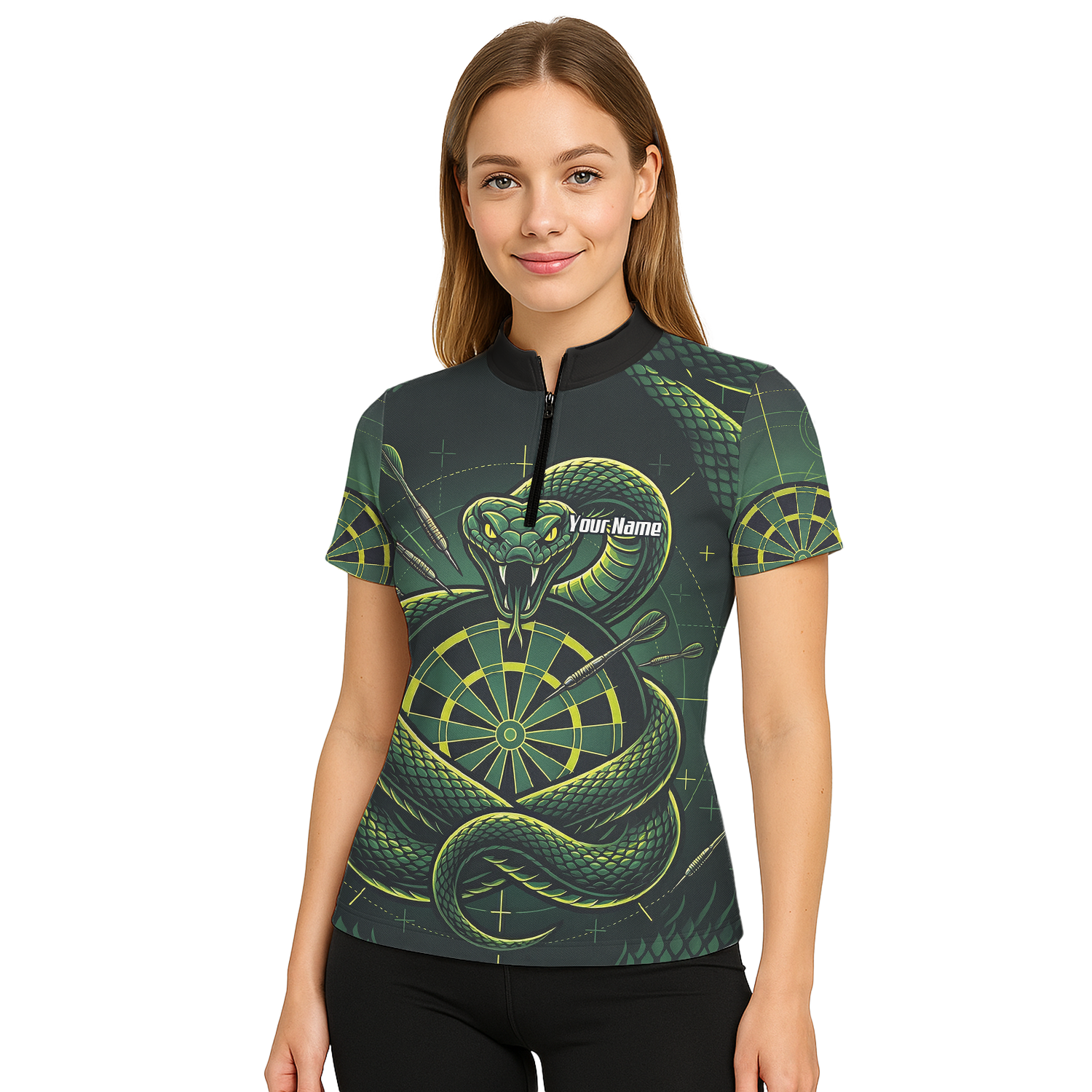 Personalised Green Snake Dart Jersey for Women Custom Dartboard Polo Shirt Black Green J9840