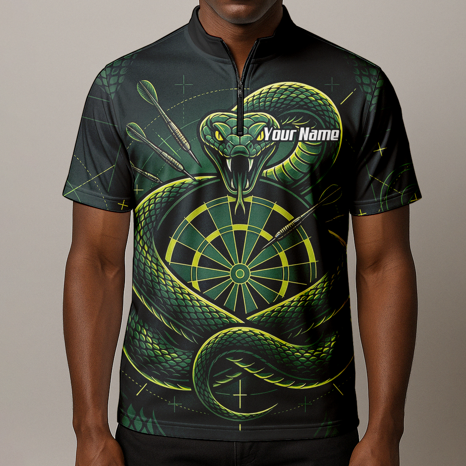 Personalised Green Snake Dart Jersey for Men Custom Dartboard Polo Shirt Black Green J9840