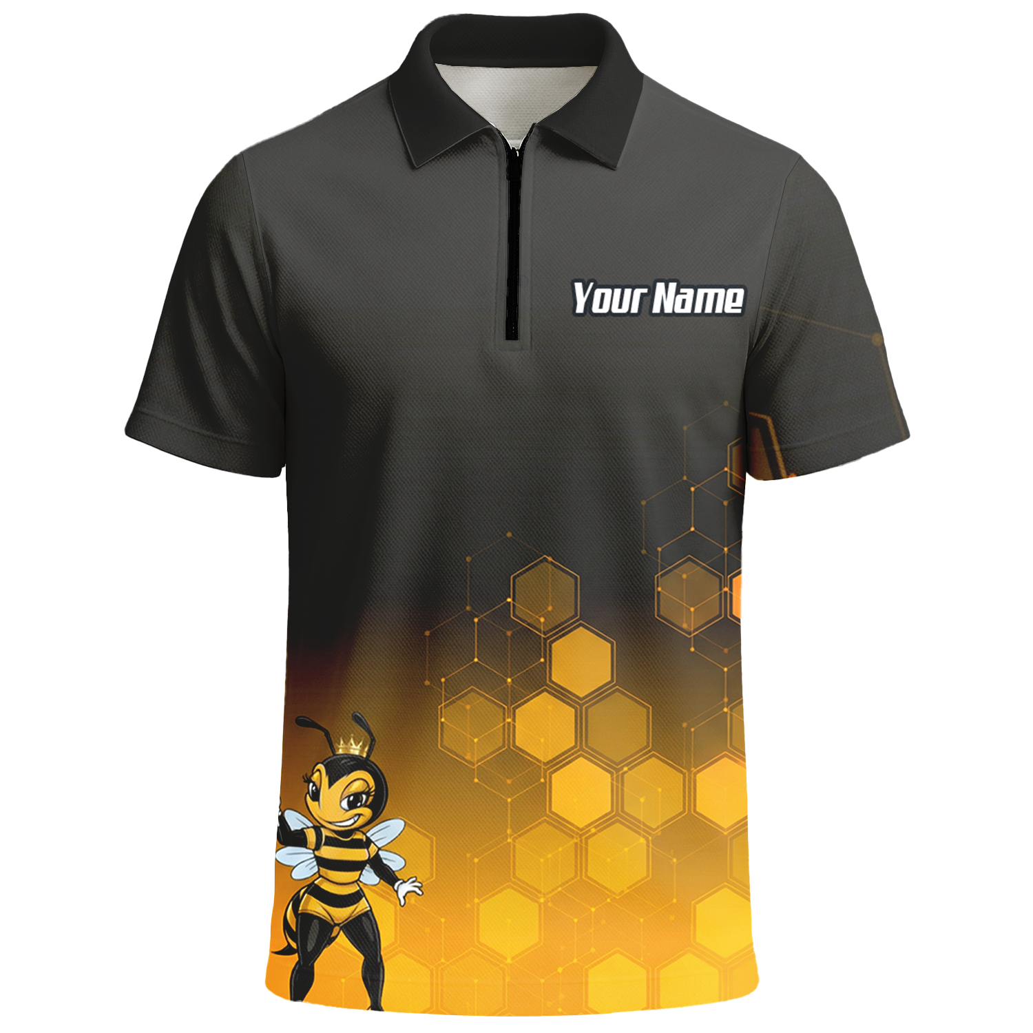 Personalised Queen Bee Honeycomb Dart Jersey Polo and Zipper Black Gold For Men K0774 - Polo -w Zipper Yes
