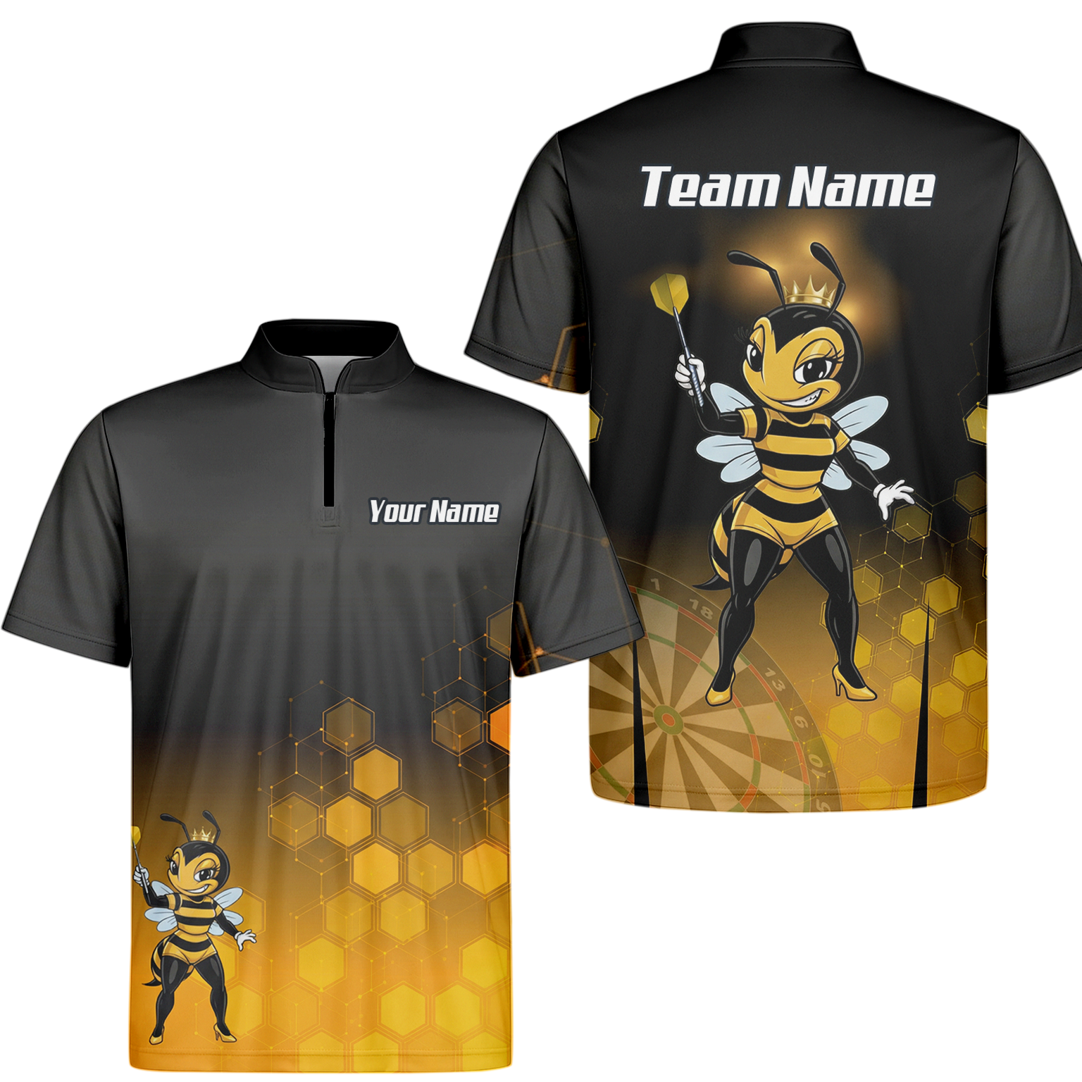 Personalised Queen Bee Honeycomb Dart Jersey Polo and Zipper Black Gold For Men K0774 - Zipper Yes