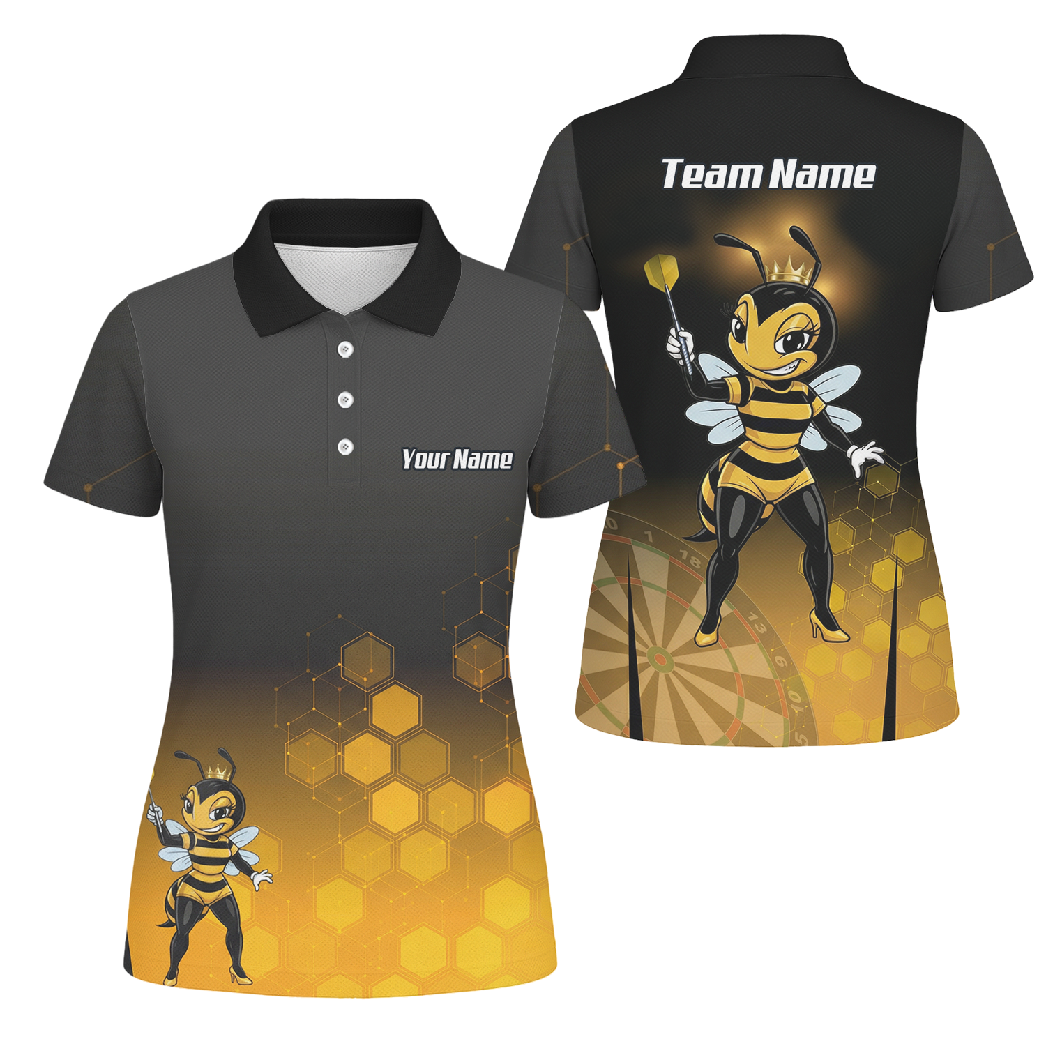 Personalised Queen Bee Honeycomb Dart Jersey Polo and Zipper Black Gold For Women K0774 - Polo Yes