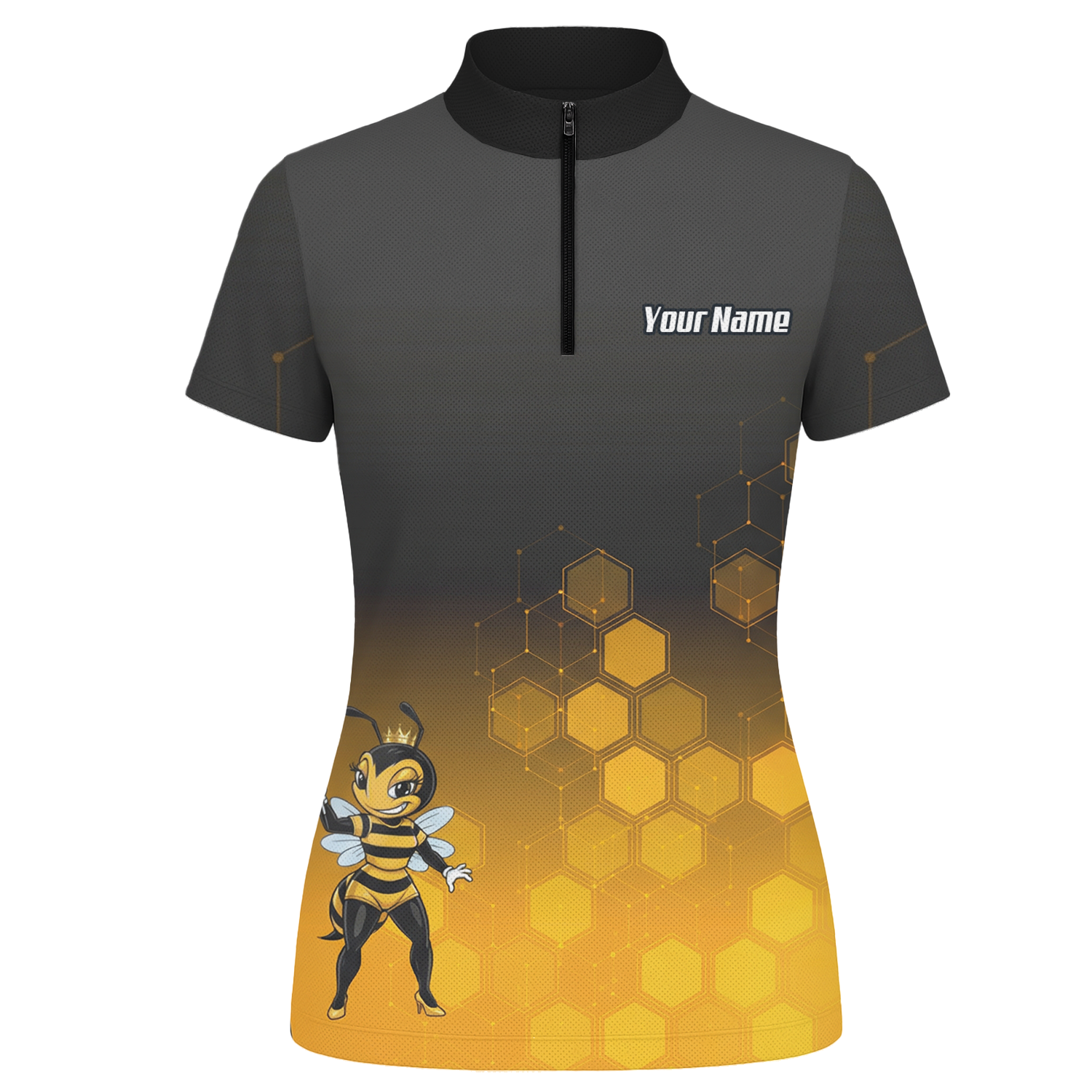 Personalised Queen Bee Honeycomb Dart Jersey Polo and Zipper Black Gold For Women K0774 - Zipper Yes