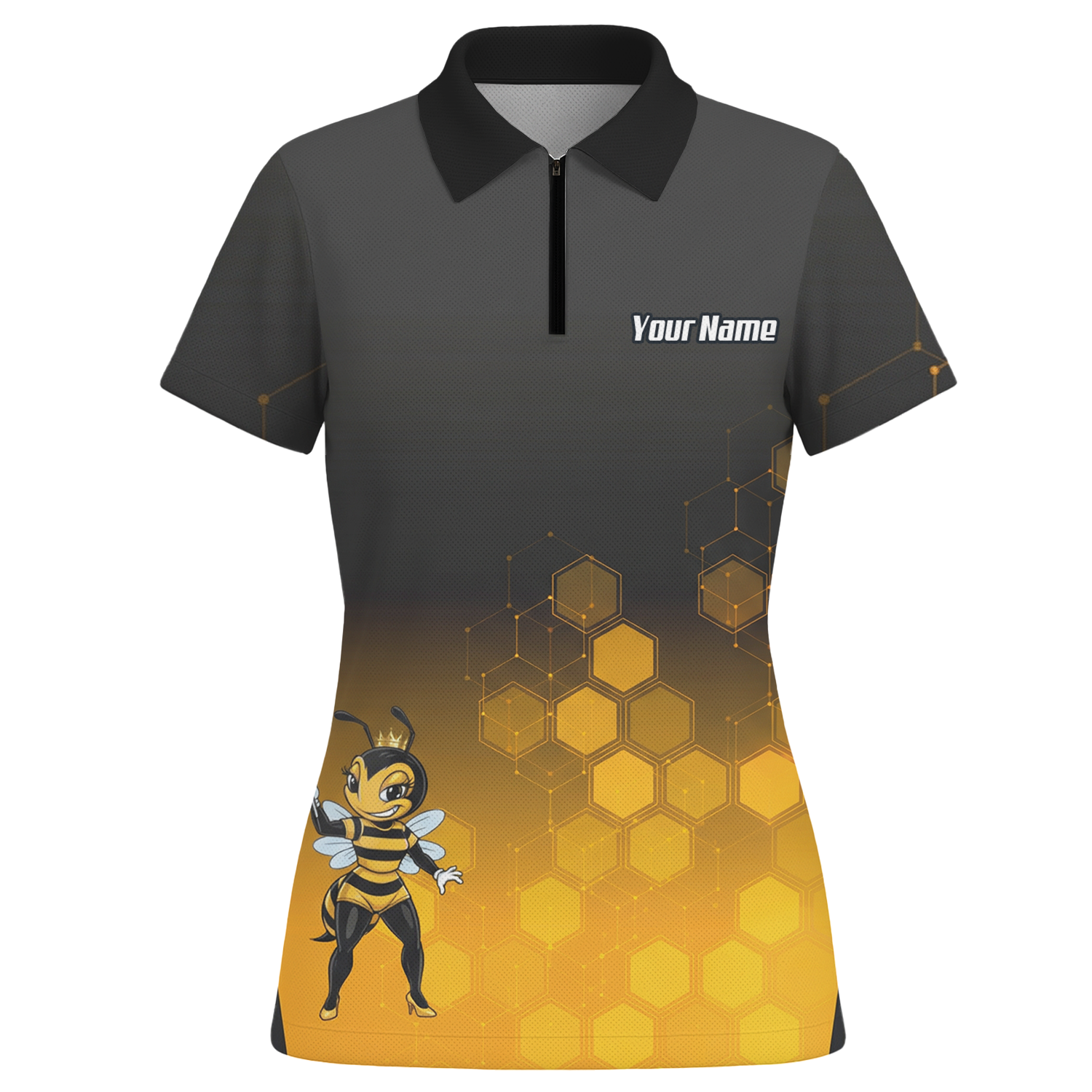 Personalised Queen Bee Honeycomb Dart Jersey Polo and Zipper Black Gold For Women K0774 - Polo -w Zipper Yes