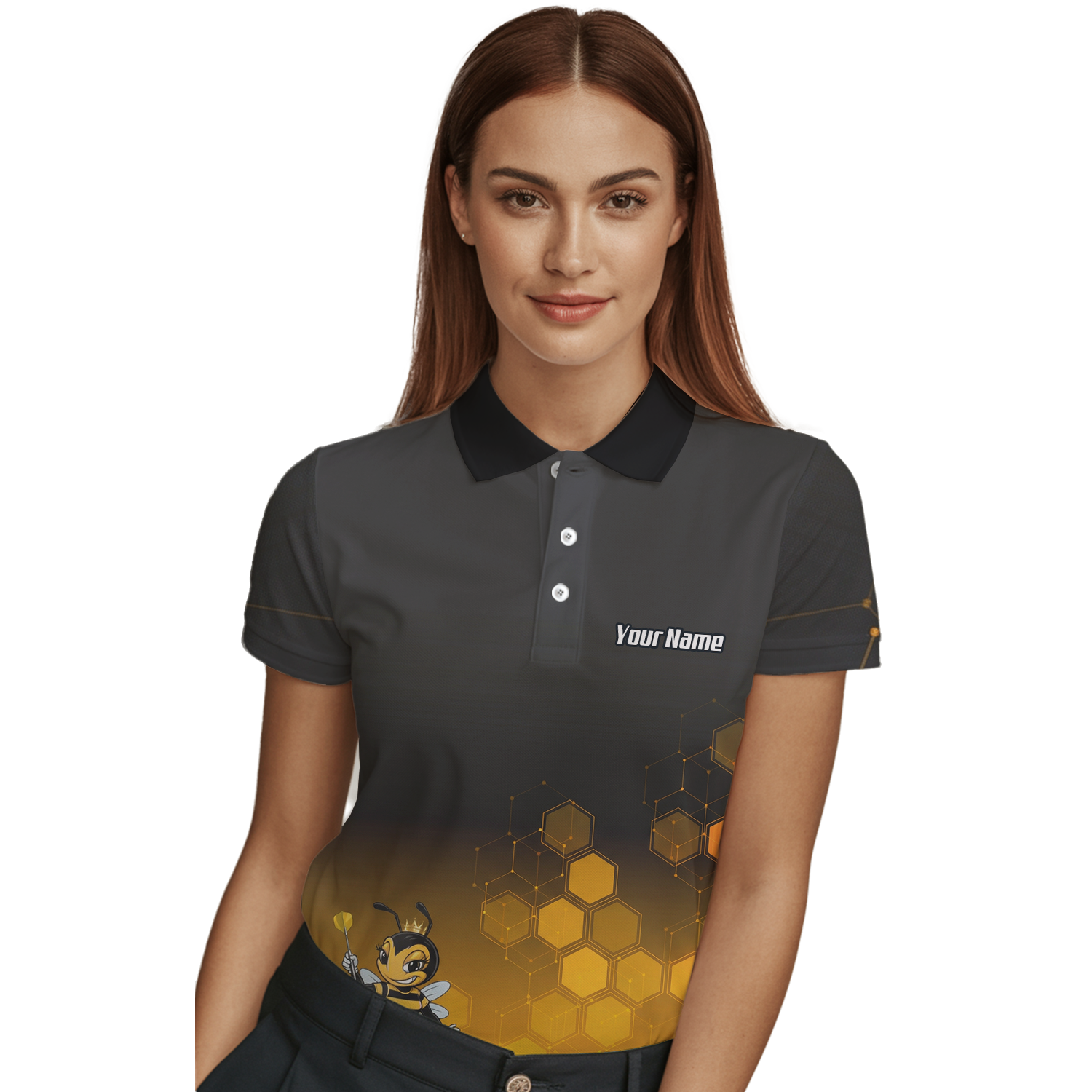 Personalised Queen Bee Honeycomb Dart Jersey Polo and Zipper Black Gold For Women K0774