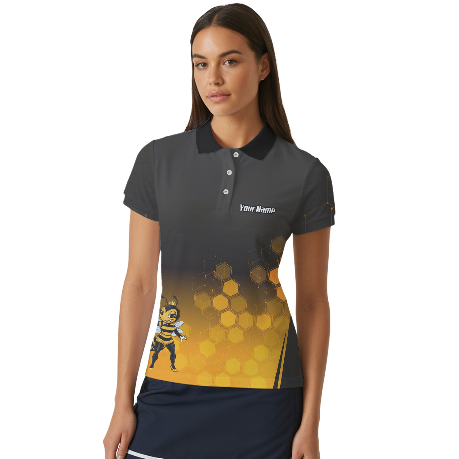 Personalised Queen Bee Honeycomb Dart Jersey Polo and Zipper Black Gold For Women K0774