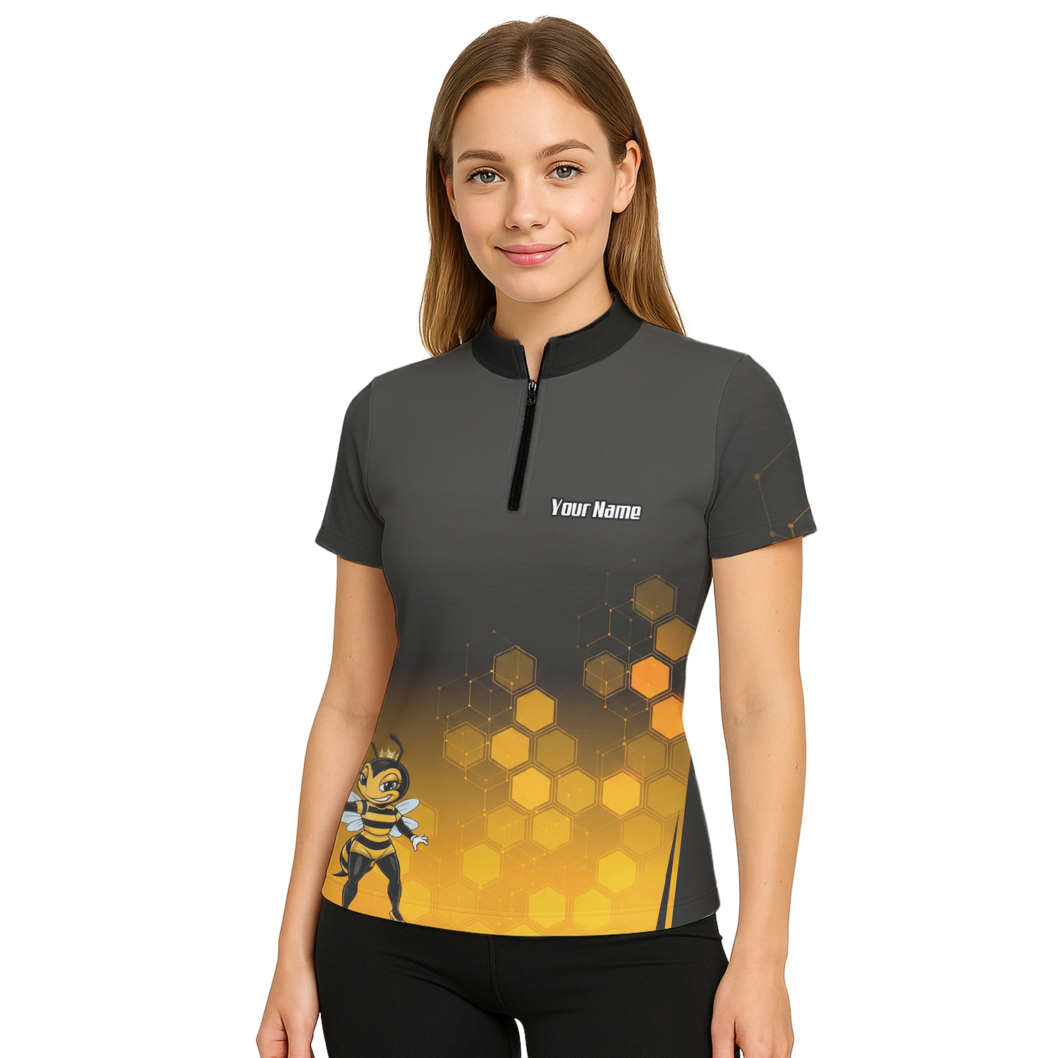 Personalised Queen Bee Honeycomb Dart Jersey Polo and Zipper Black Gold For Women K0774