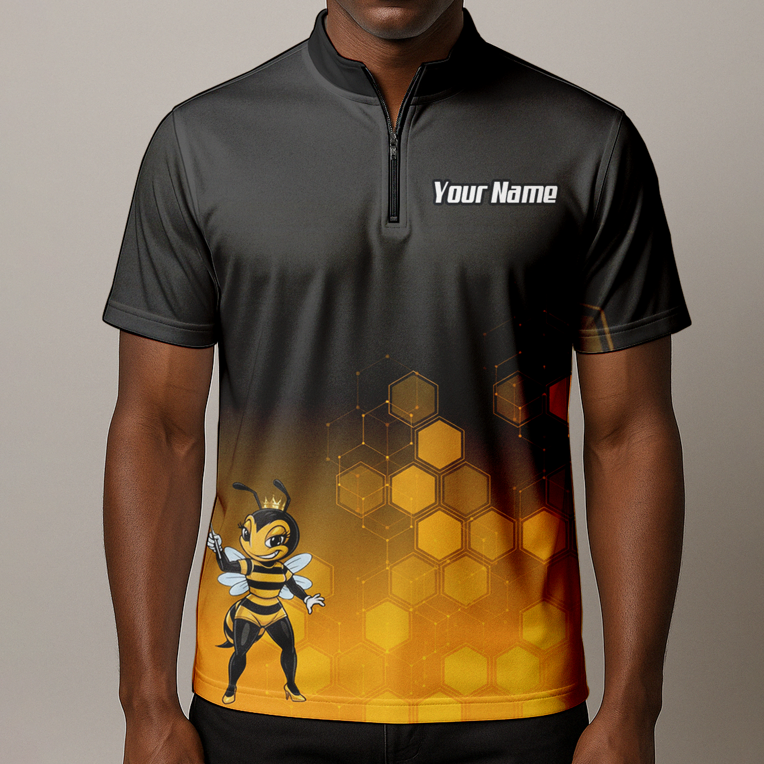 Personalised Queen Bee Honeycomb Dart Jersey Polo and Zipper Black Gold For Men K0774