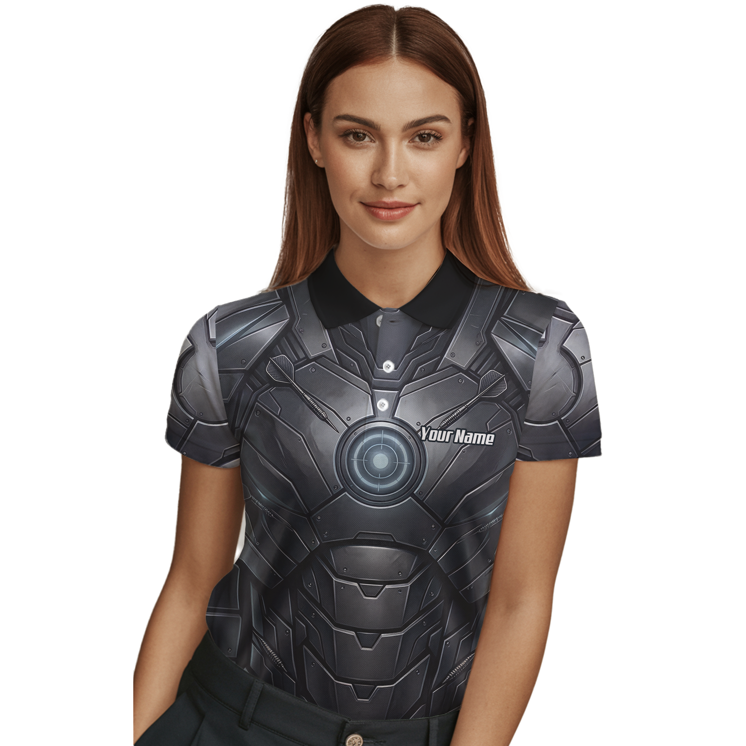 Personalised Women's Dart Jersey Custom Robotic Armor Mecha Polo Shirt Black Grey K1040