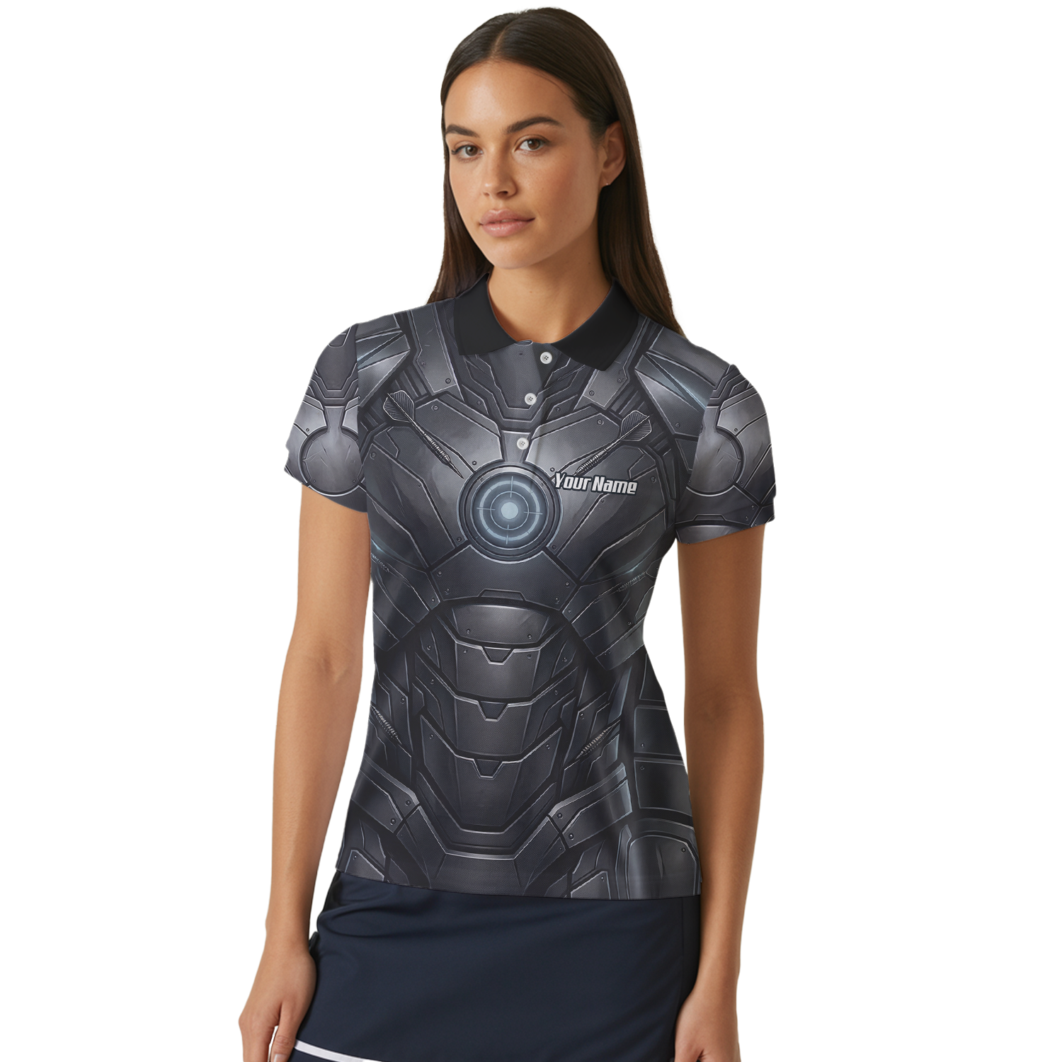 Personalised Women's Dart Jersey Custom Robotic Armor Mecha Polo Shirt Black Grey K1040
