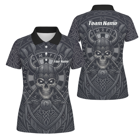 Personalised Viking Warrior Skull Dart Jersey for Women Custom Grey Nordic Rune Polo Shirt K6994