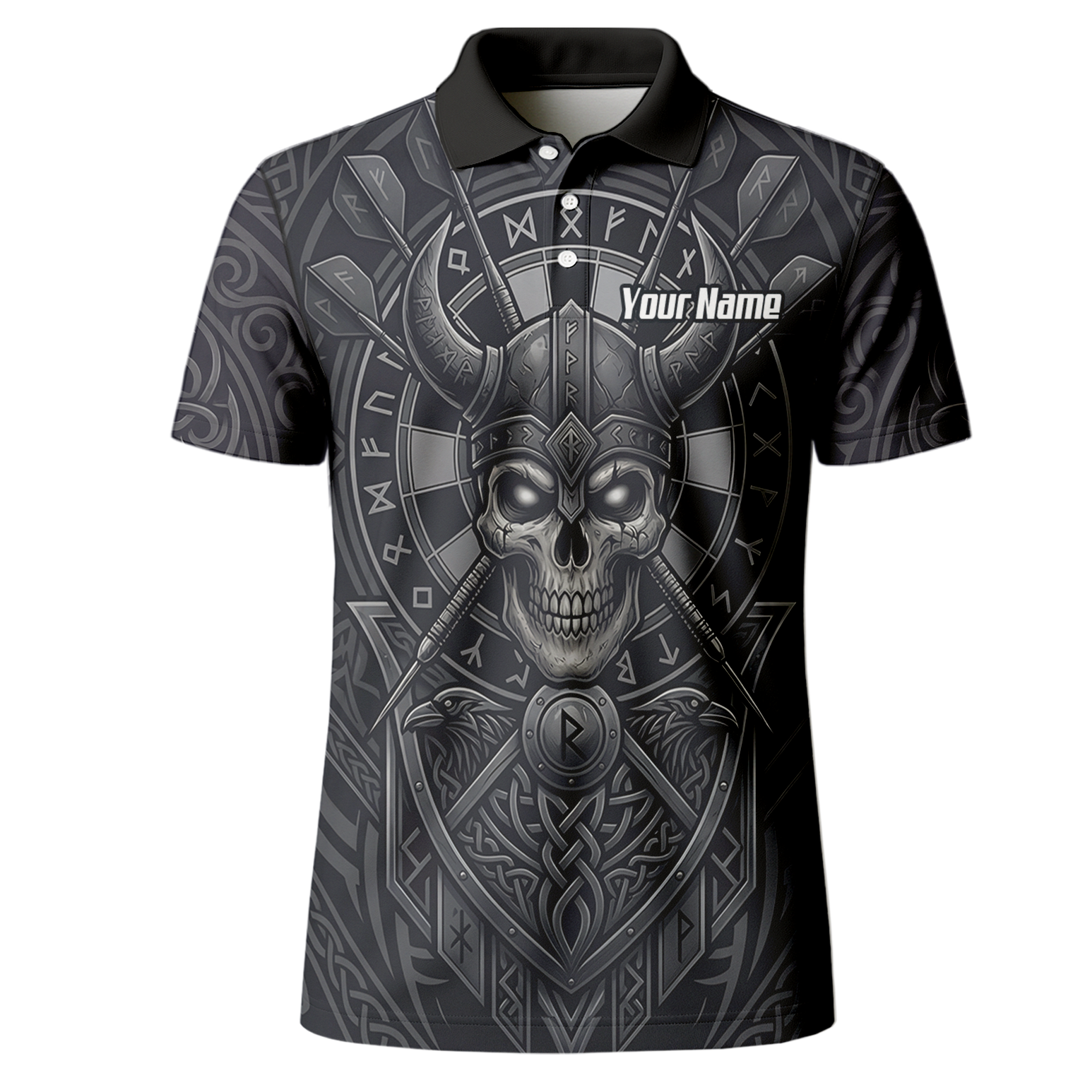 Personalised Viking Warrior Skull Dart Jersey for Men Custom Grey Nordic Rune Polo Shirt K6994