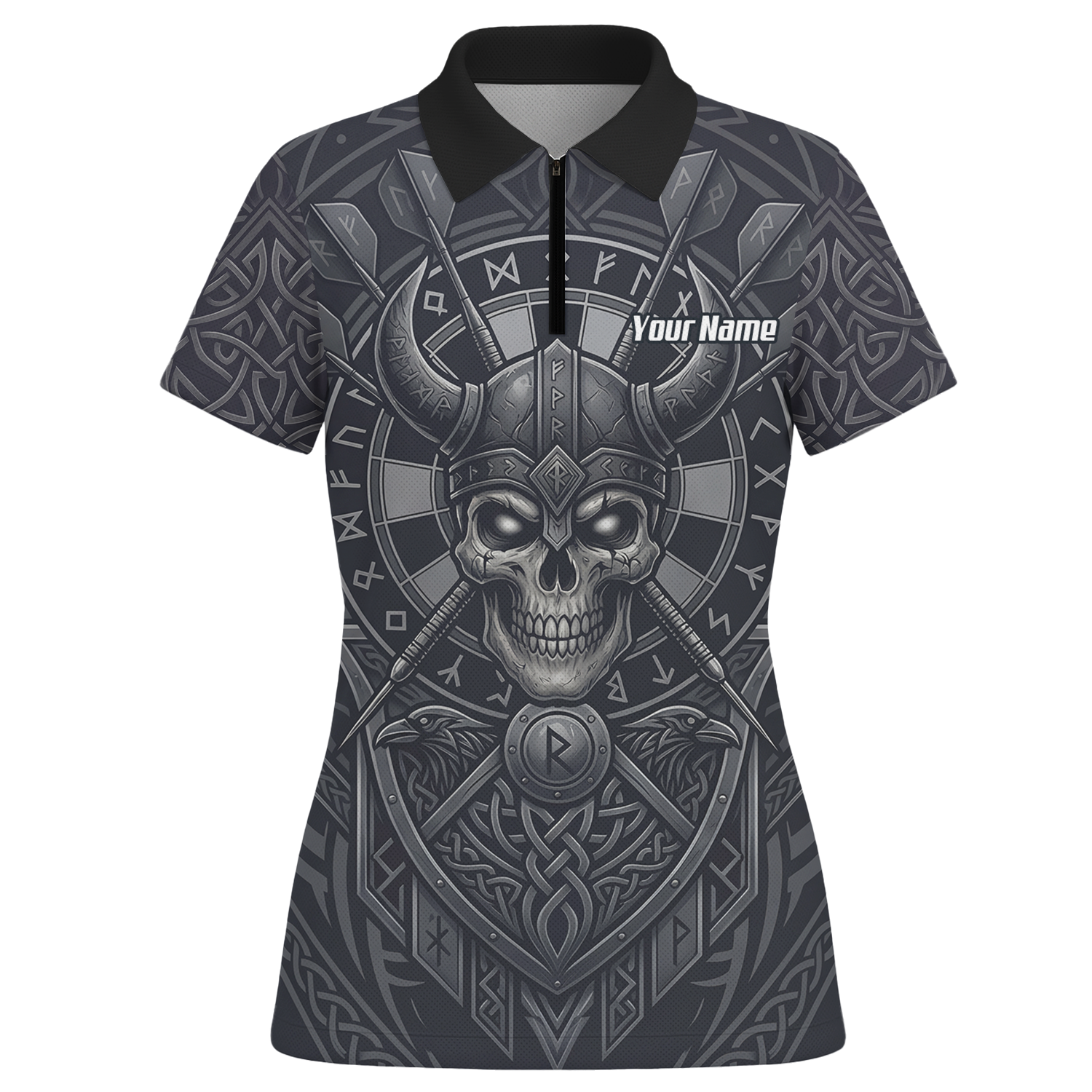 Personalised Viking Warrior Skull Dart Jersey for Women Custom Grey Nordic Rune Polo Shirt K6994