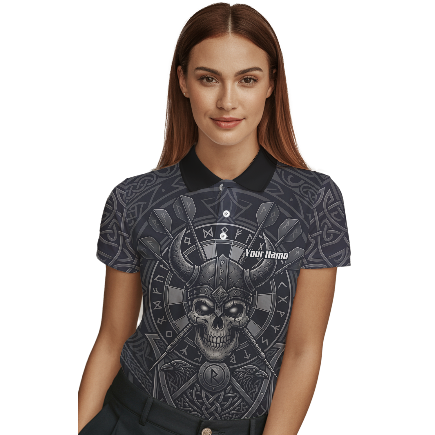 Personalised Viking Warrior Skull Dart Jersey for Women Custom Grey Nordic Rune Polo Shirt K6994