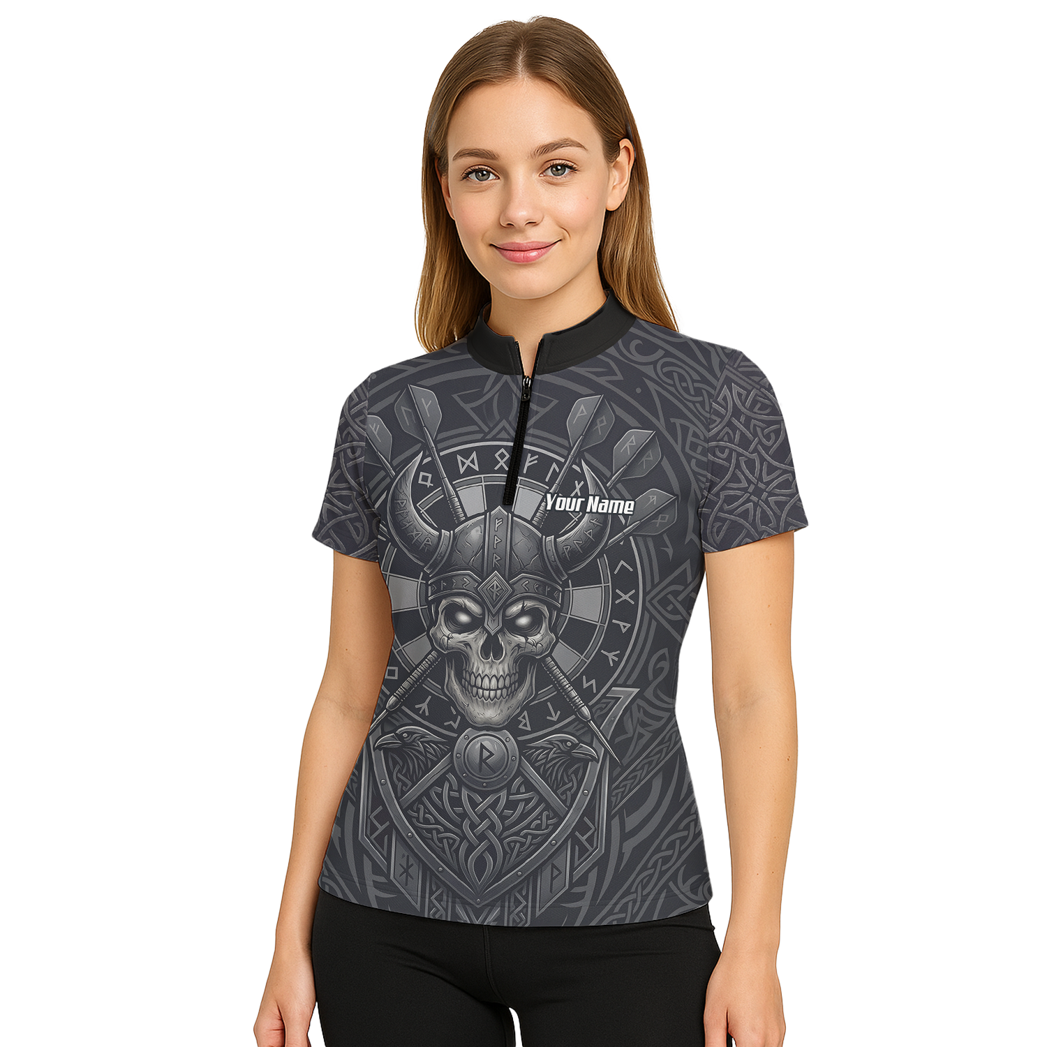 Personalised Viking Warrior Skull Dart Jersey for Women Custom Grey Nordic Rune Polo Shirt K6994
