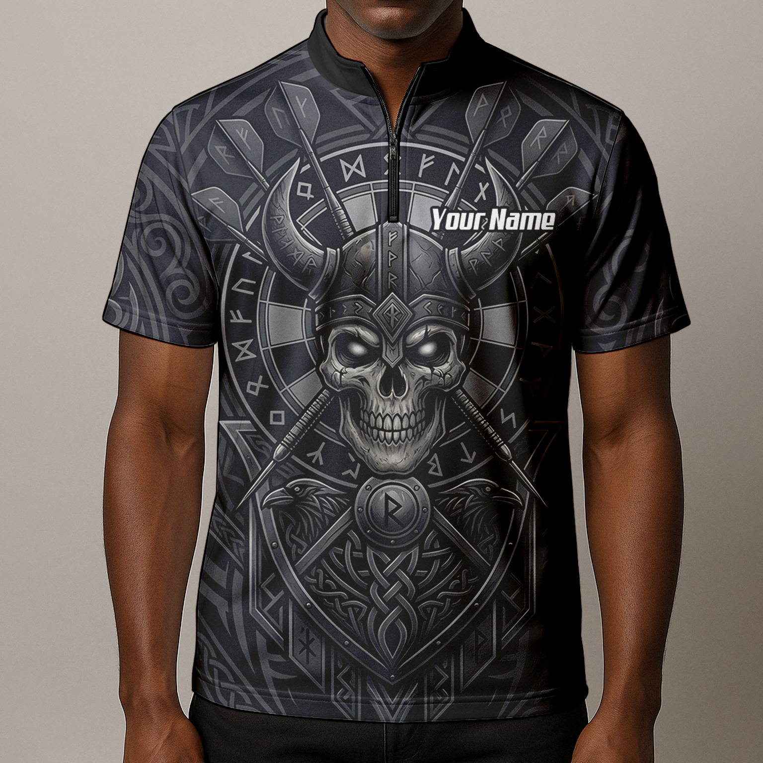Personalised Viking Warrior Skull Dart Jersey for Men Custom Grey Nordic Rune Polo Shirt K6994