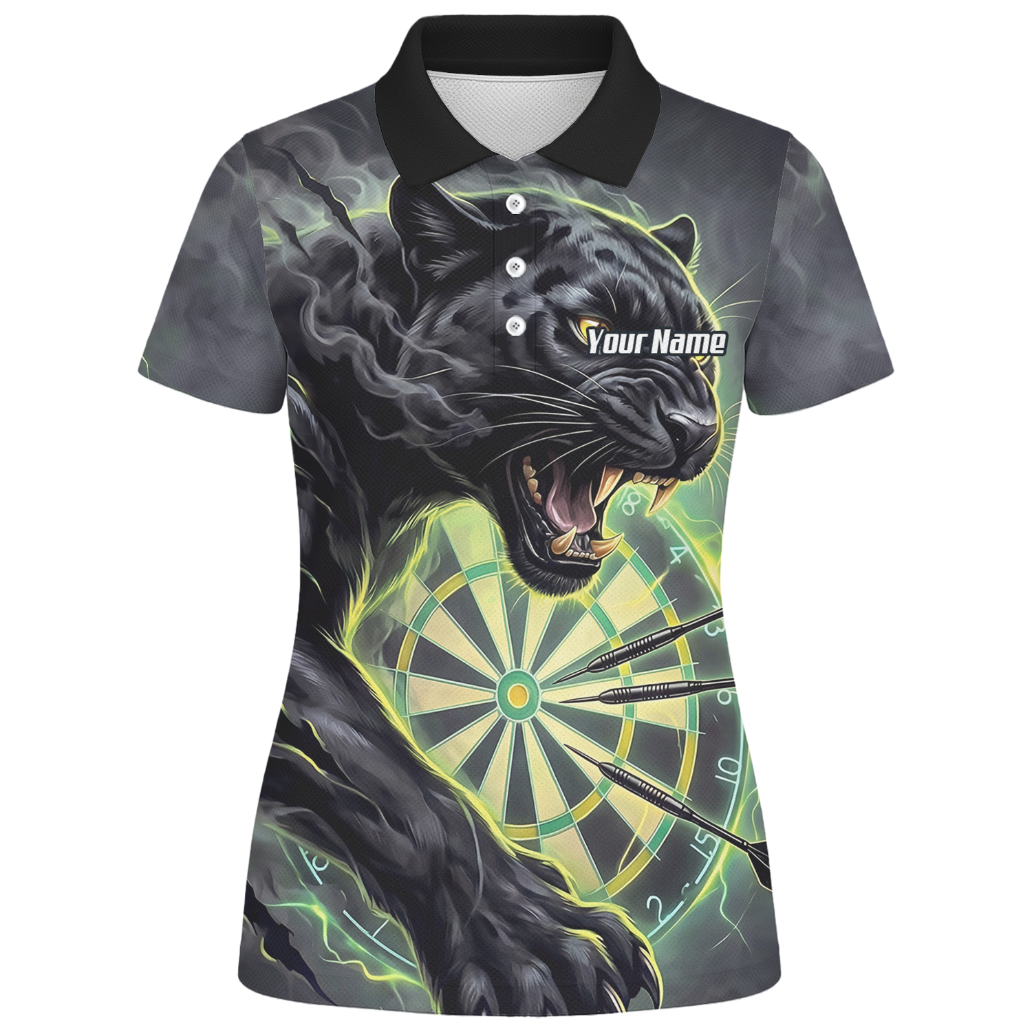 Personalised Black Panther Dart Jersey for Women Custom Neon Green Dartboard Polo Shirt K7905