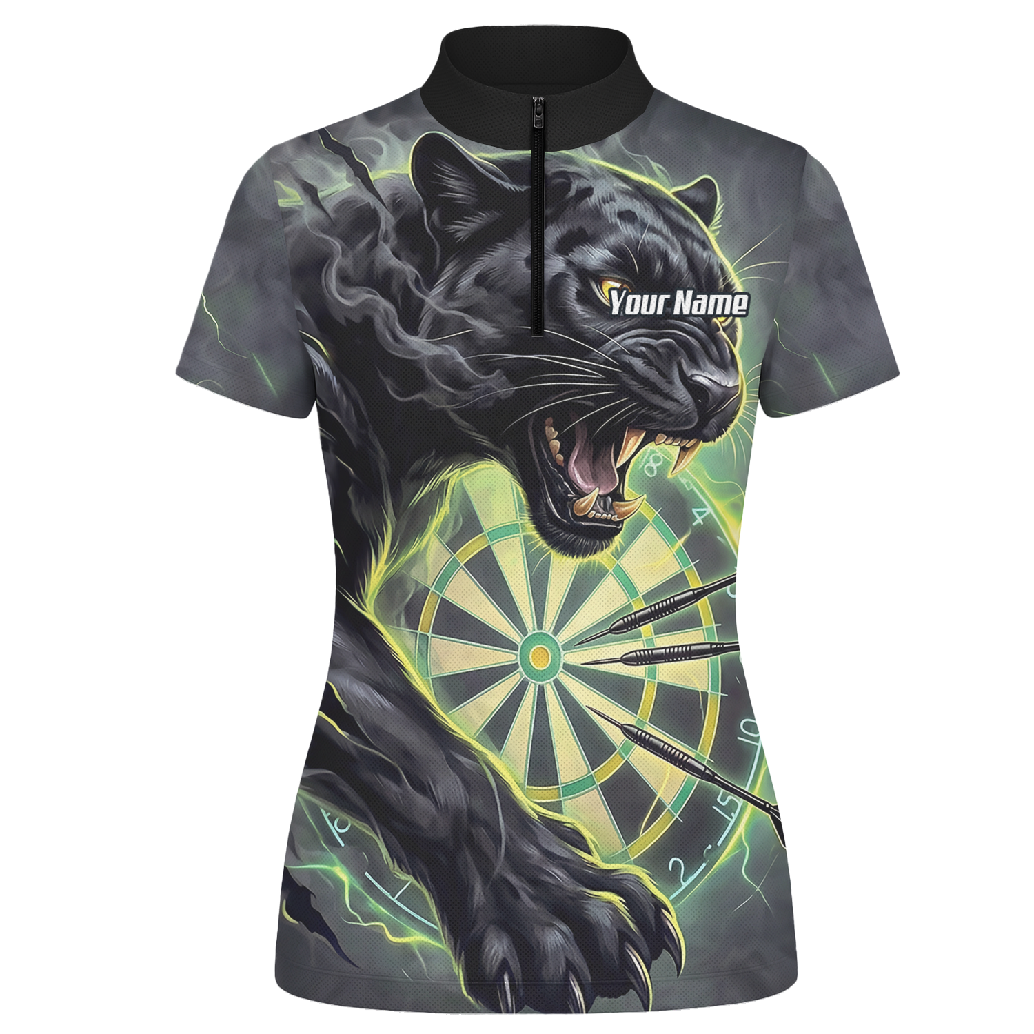Personalised Black Panther Dart Jersey for Women Custom Neon Green Dartboard Polo Shirt K7905