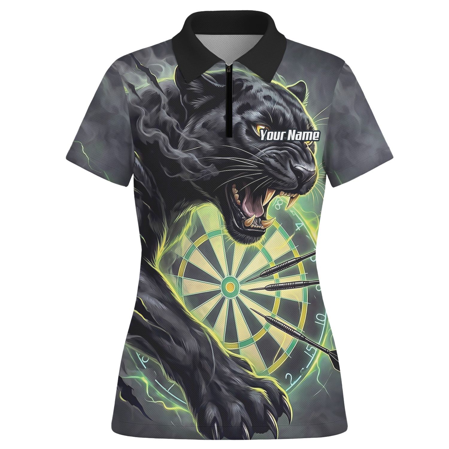 Personalised Black Panther Dart Jersey for Women Custom Neon Green Dartboard Polo Shirt K7905